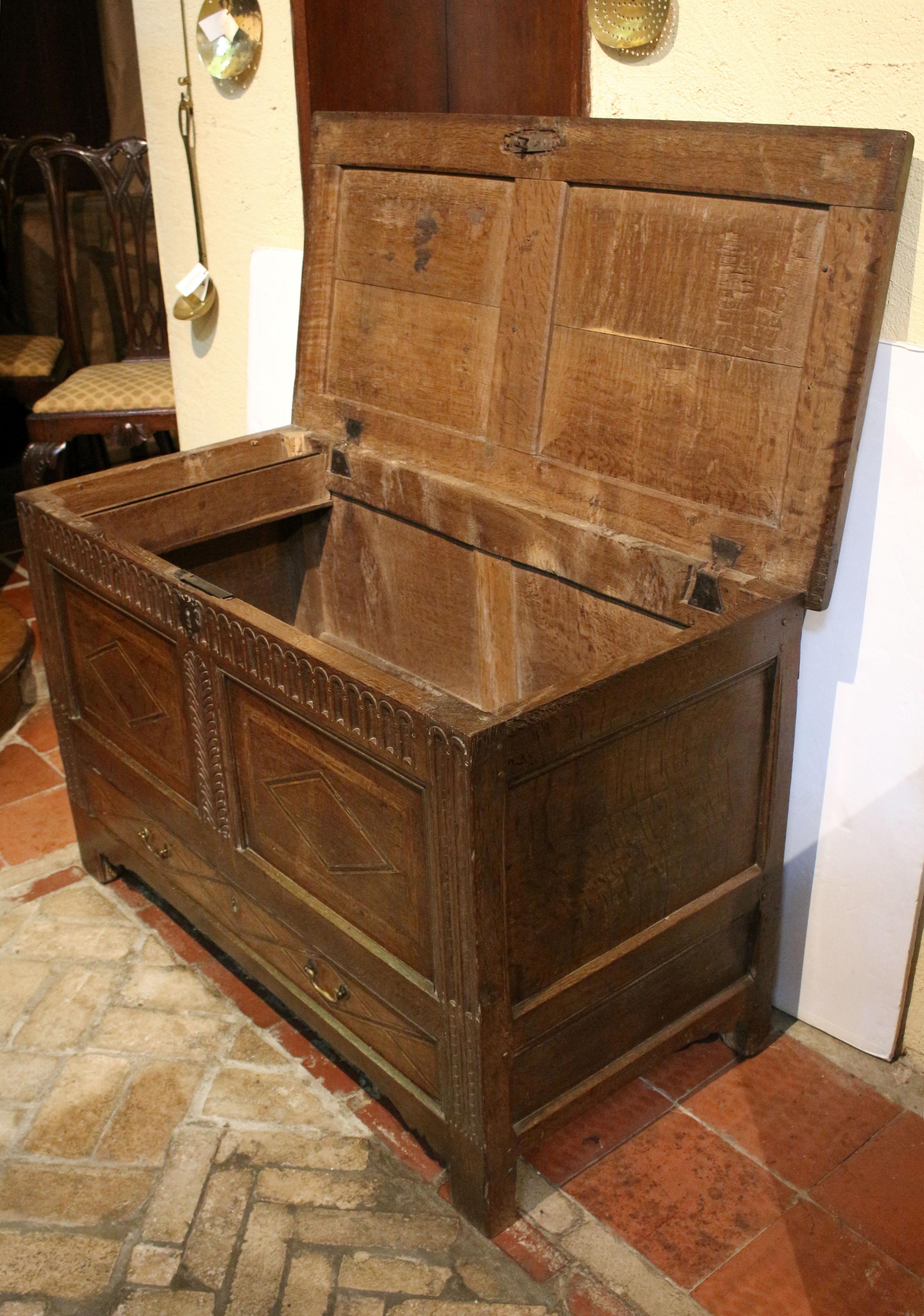 Early 18th Century Inlaid & Carved English Coffer For Sale 4