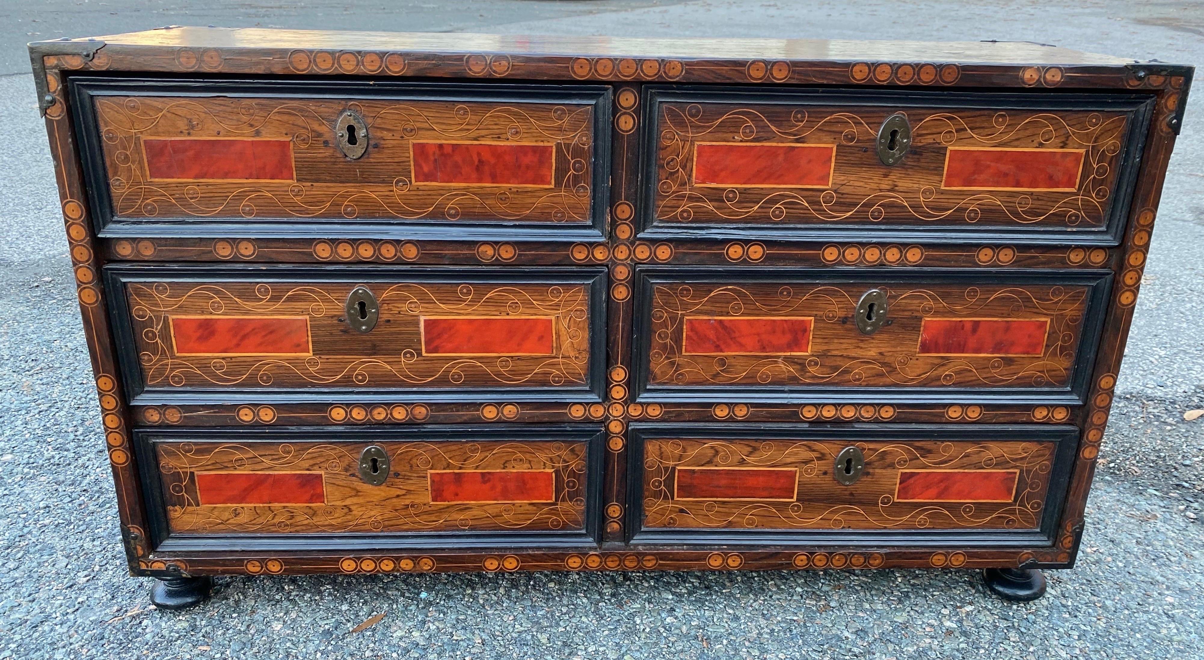 Early 18th century inlaid Italian walnut and tortoiseshell vargueno. 6 drawers with fine inlay, iron hardware.