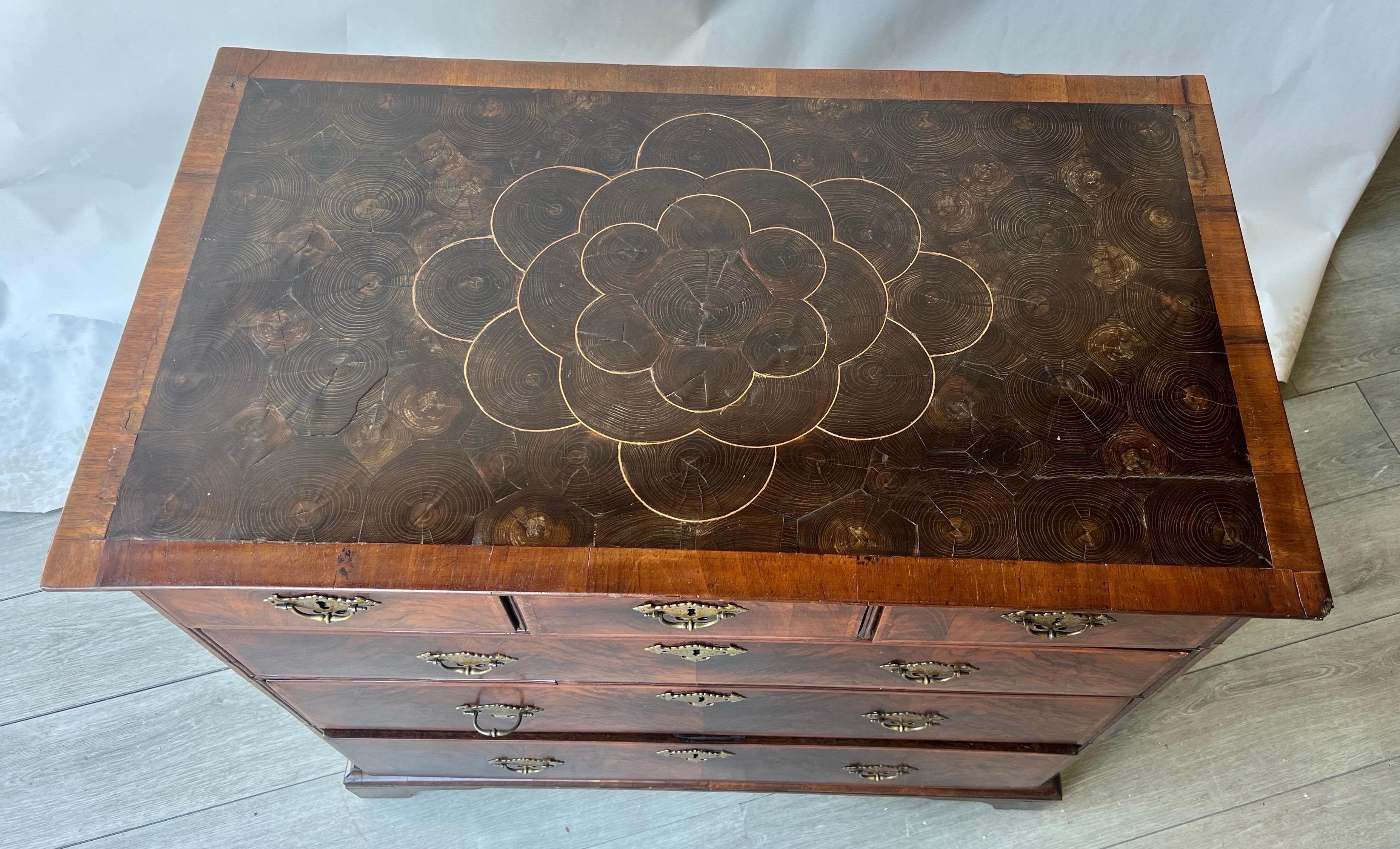Gorgeous early 18th century  inlaid oyster veneered William and Mary period English chest. Top is string inlaid with a floral motif over traditional oyster sliced veneer and banded around the perimeter. The drawer faces feature Herringbone inlay and