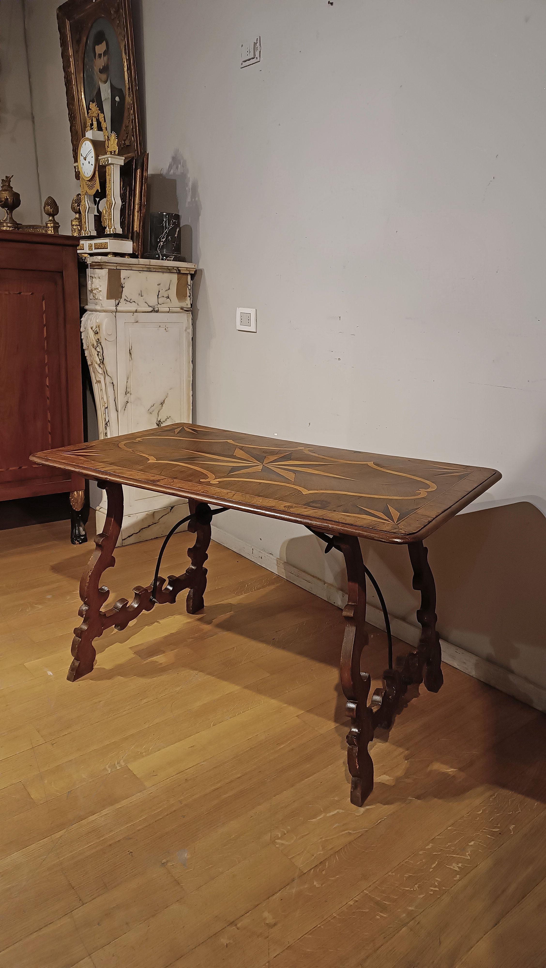Wrought Iron EARLY 18th CENTURY INLAID TABLE WITH LYRE LEGS For Sale