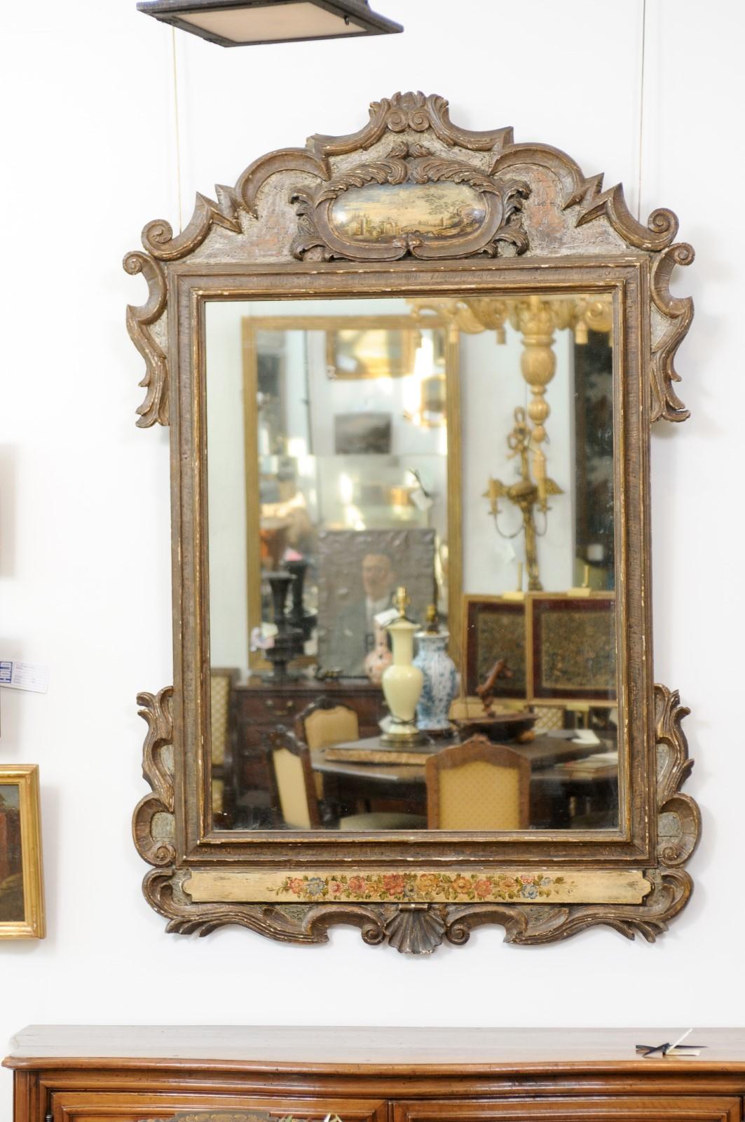 Early 18th Century Italian Baroque Silvered & Polychrome Painted Mirror For Sale 8