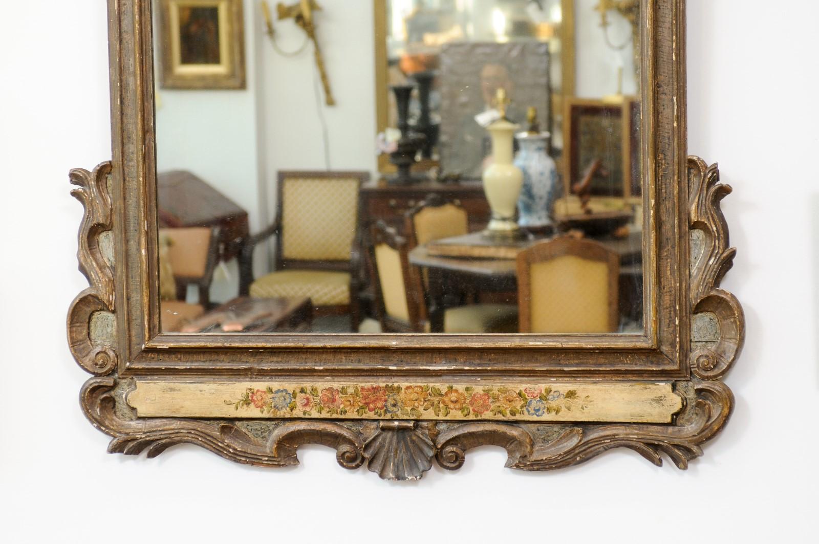 Early 18th Century Italian Baroque Silvered & Polychrome Painted Mirror For Sale 11