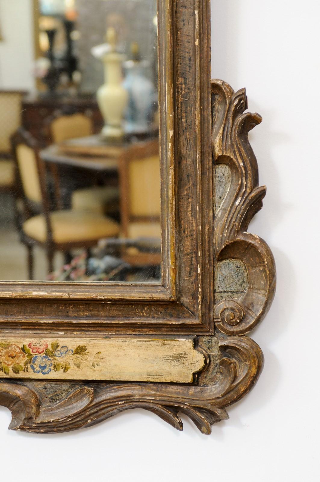Early 18th Century Italian Baroque Silvered & Polychrome Painted Mirror In Good Condition For Sale In Atlanta, GA