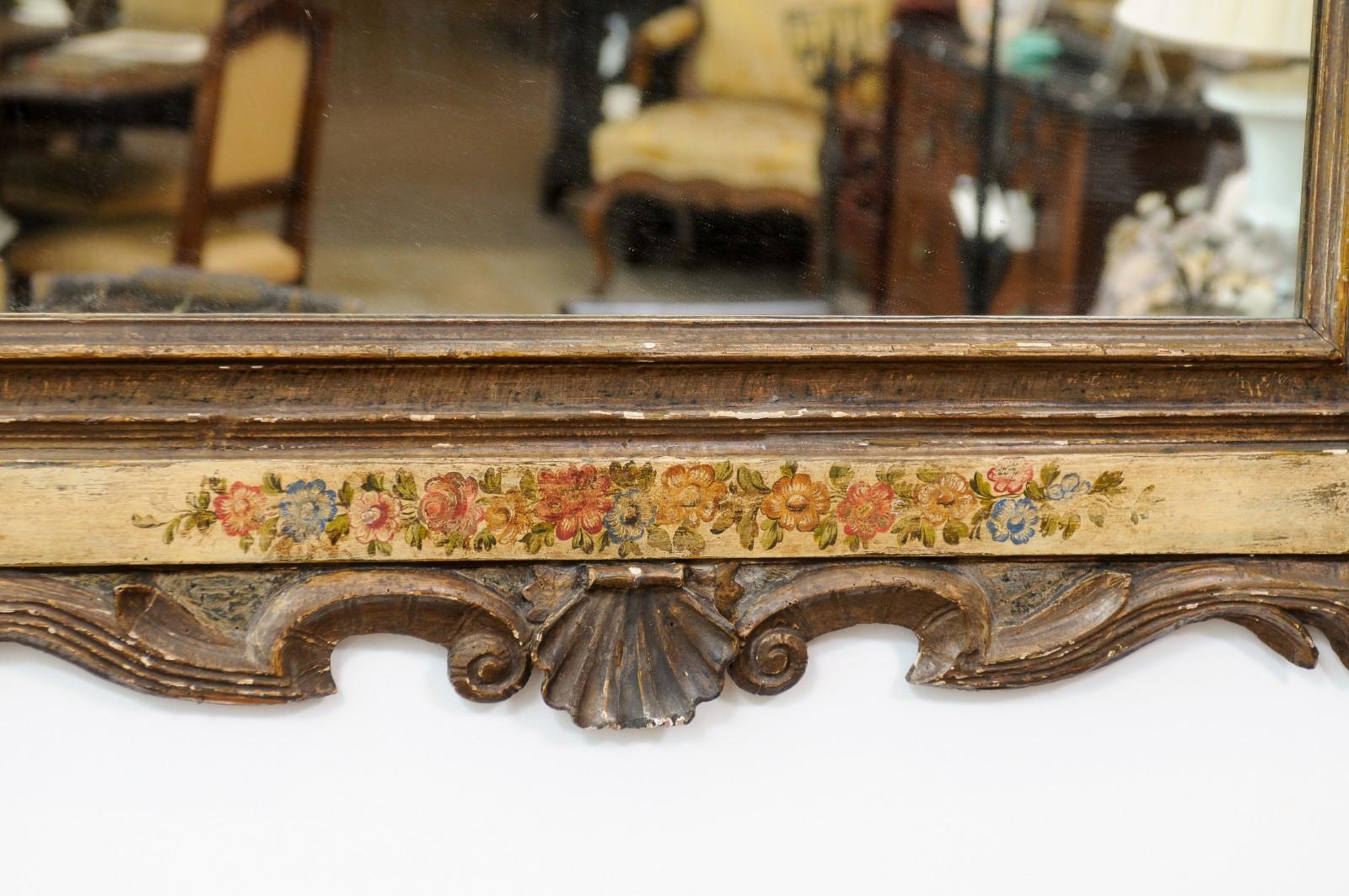 Early 18th Century Italian Baroque Silvered & Polychrome Painted Mirror For Sale 2