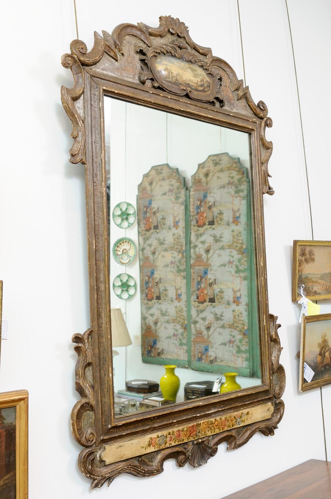 Early 18th Century Italian Baroque Silvered & Polychrome Painted Mirror For Sale 6