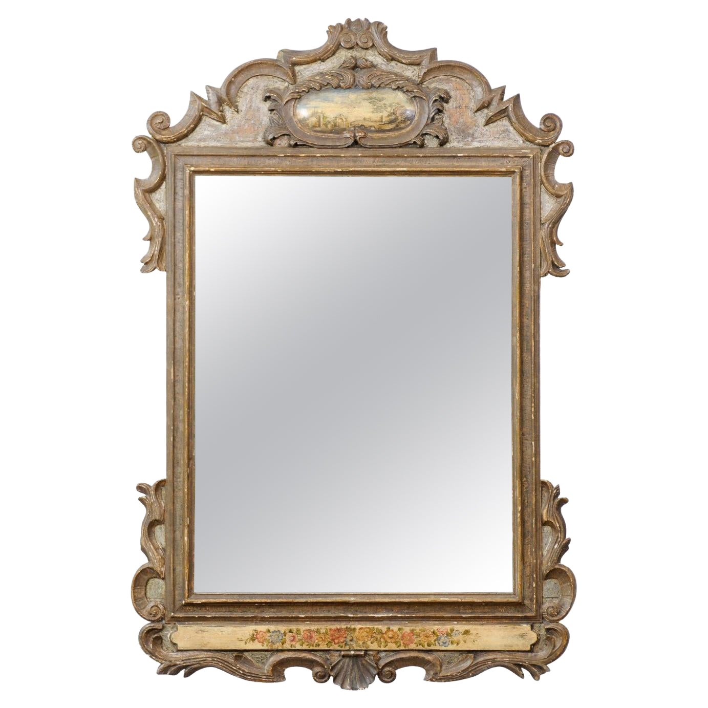 Miroir baroque italien du début du XVIIIe siècle, peint en argent et en polychromie
