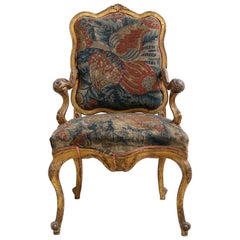 Early 18th Century Italian Carved Gilded Chair with Original Tapestry Covering