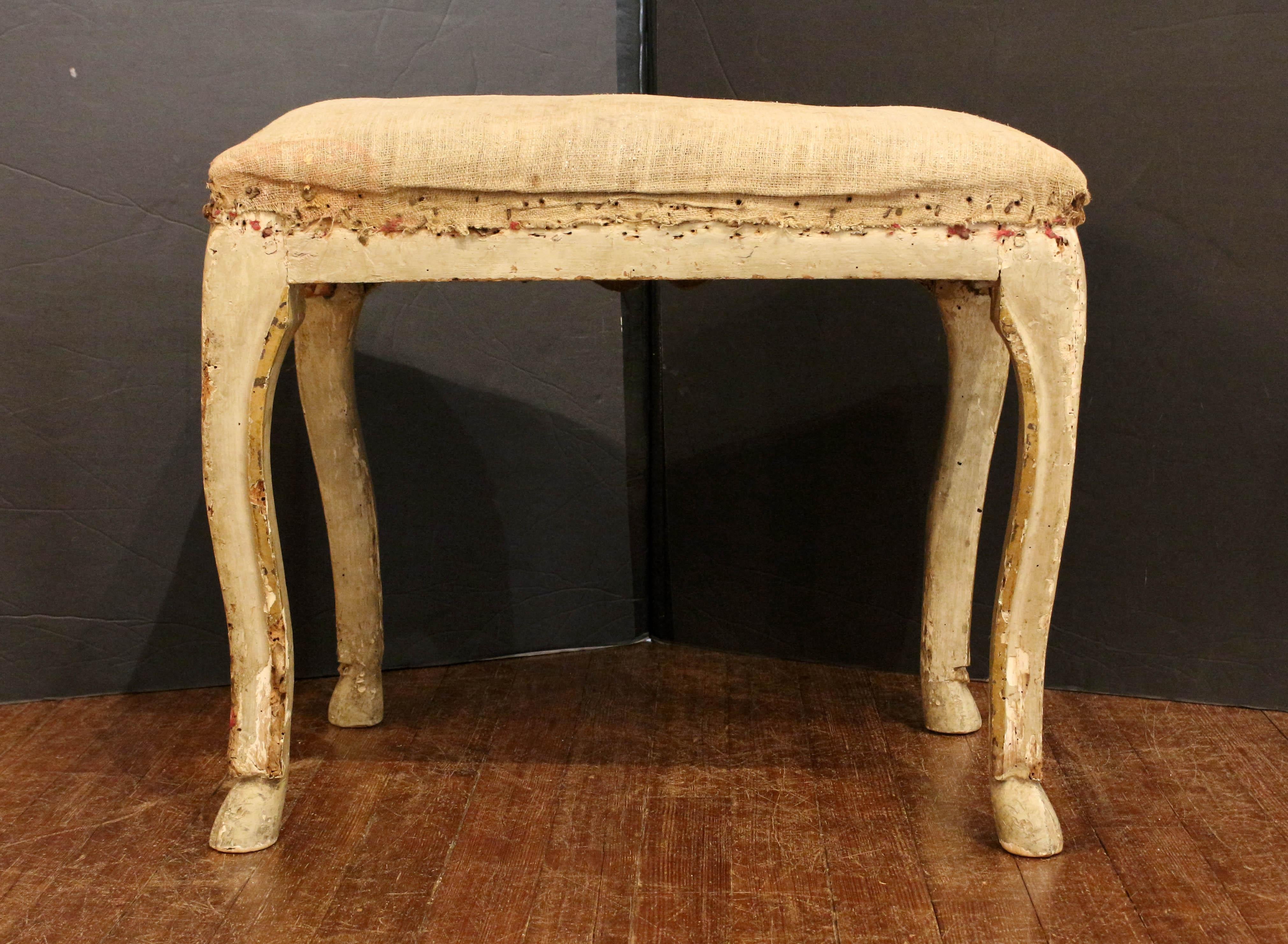 Rococo Early 18th Century Italian Carved, Painted & Gilt Fireside Stool
