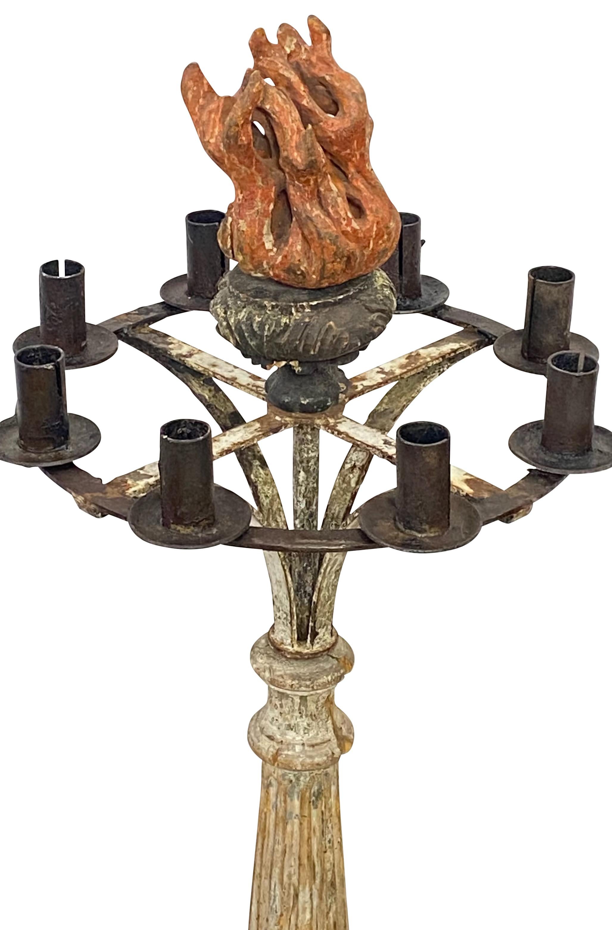Early 18th Century Italian Carved Wood and Cast Iron Candelabra Candle Stand In Good Condition For Sale In San Francisco, CA