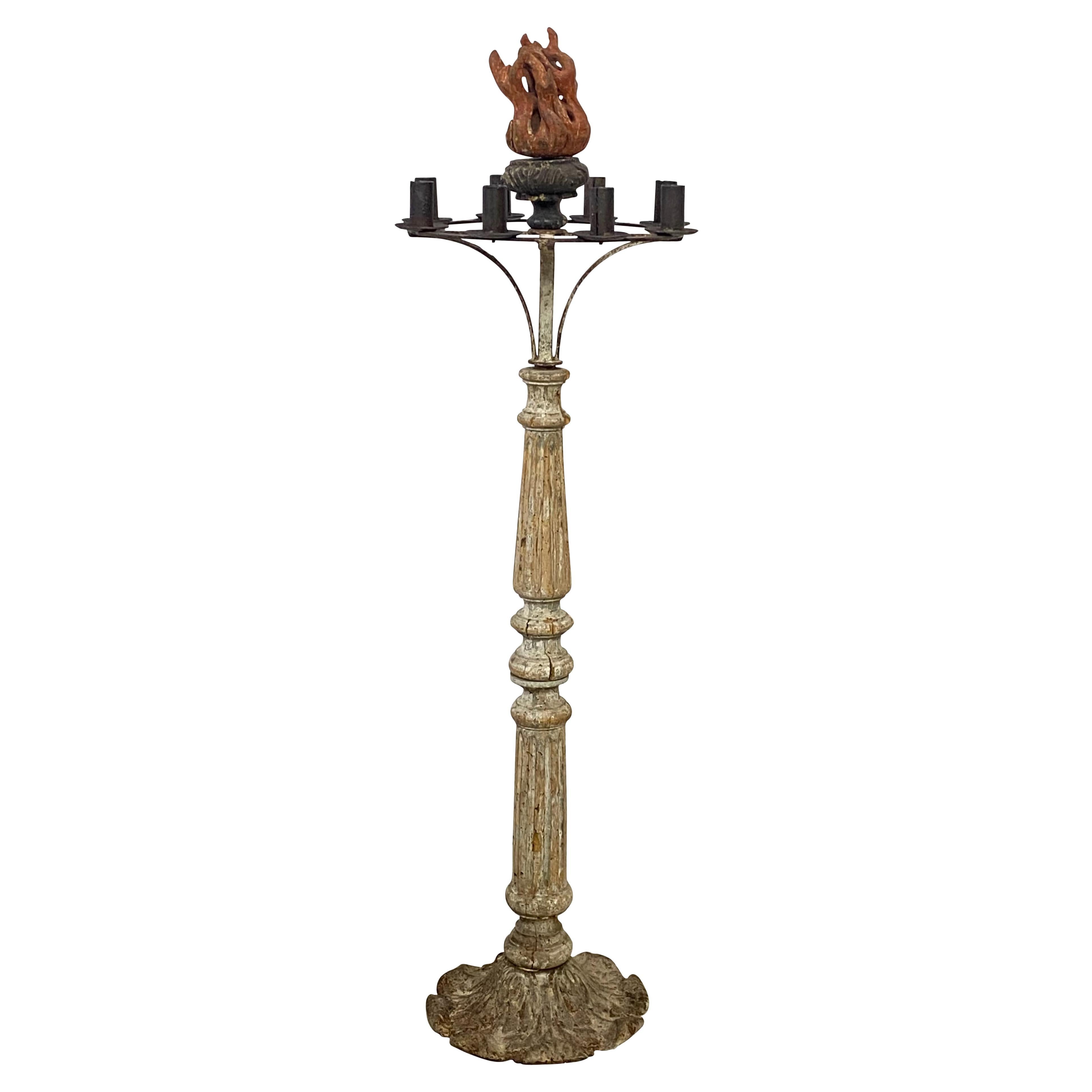 Early 18th Century Italian Carved Wood and Cast Iron Candelabra Candle Stand