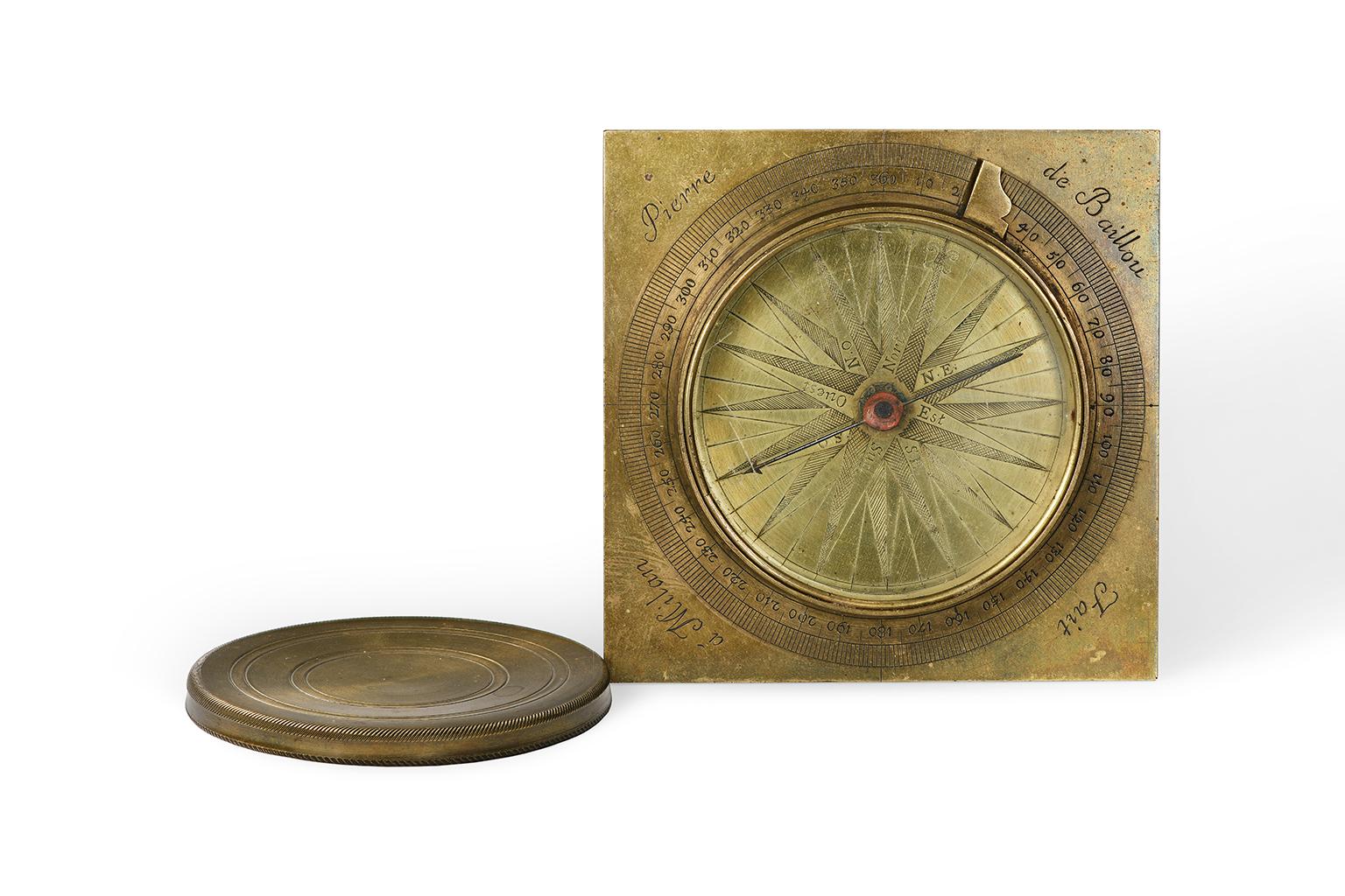Compass
Pierre de Baillou
Milan, first quarter of the 18th century
Brass, steel and glass
It measures 3.81 in x 3.81 x 0.59 (9.7 cm x 9.7 x 1.5)
It weights 0.57 lb (259 g)
State of conservation: some signs of use and some slight scratches on both