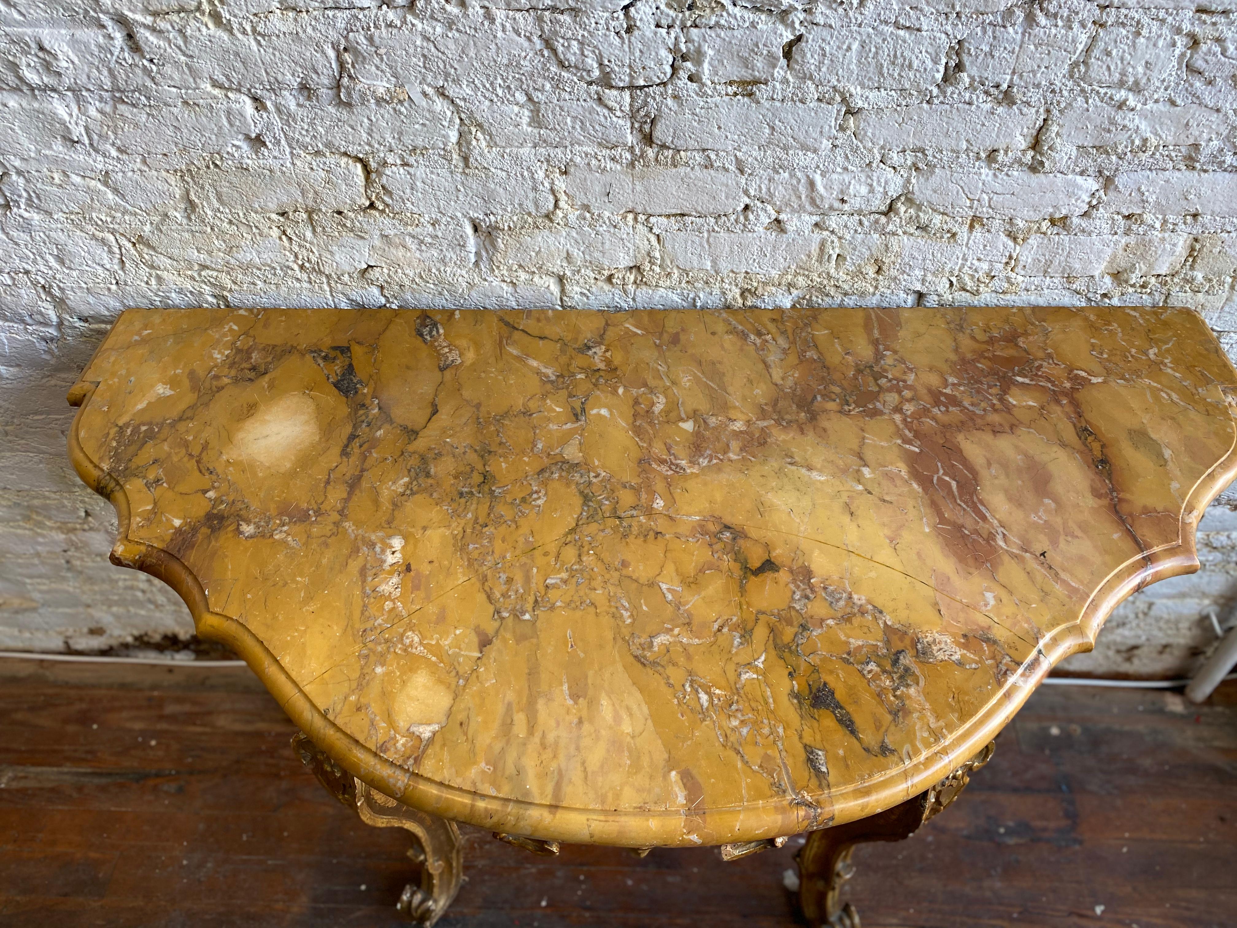 Early 18th Century Italian Rococo Giltwood Console with Siena Marble Top For Sale 1