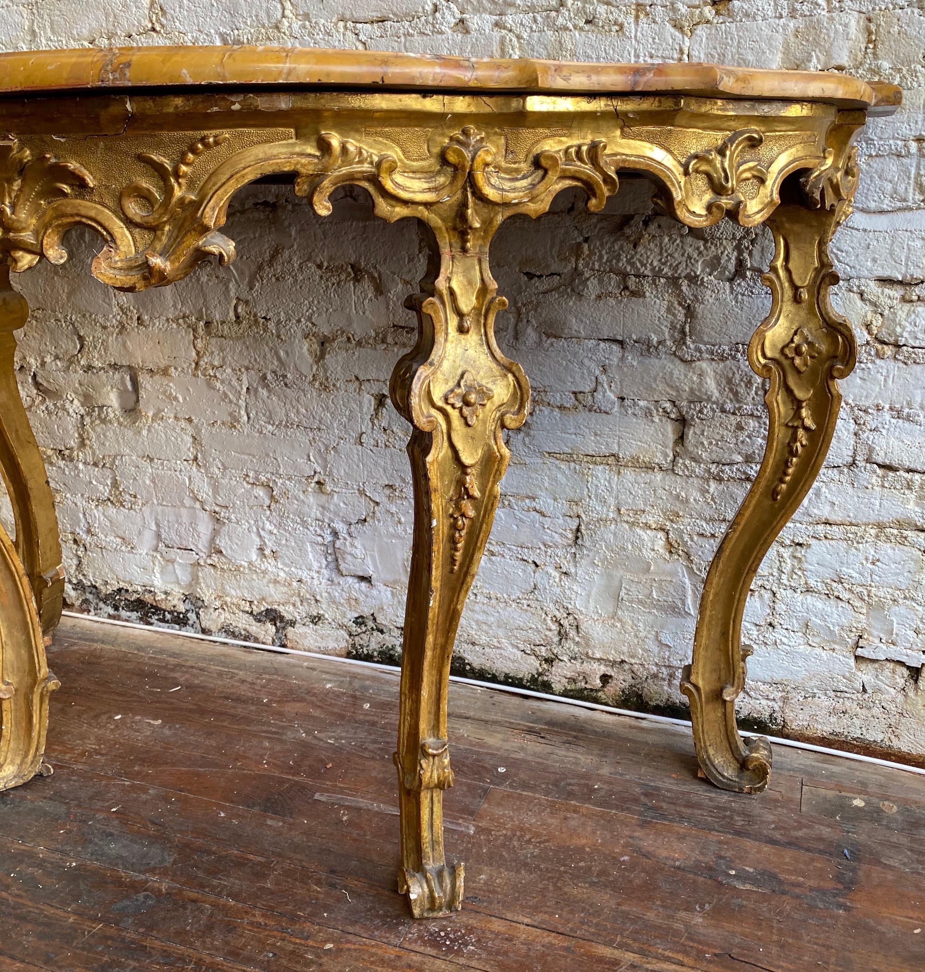 Early 18th Century Italian Rococo Giltwood Console with Siena Marble Top For Sale 2