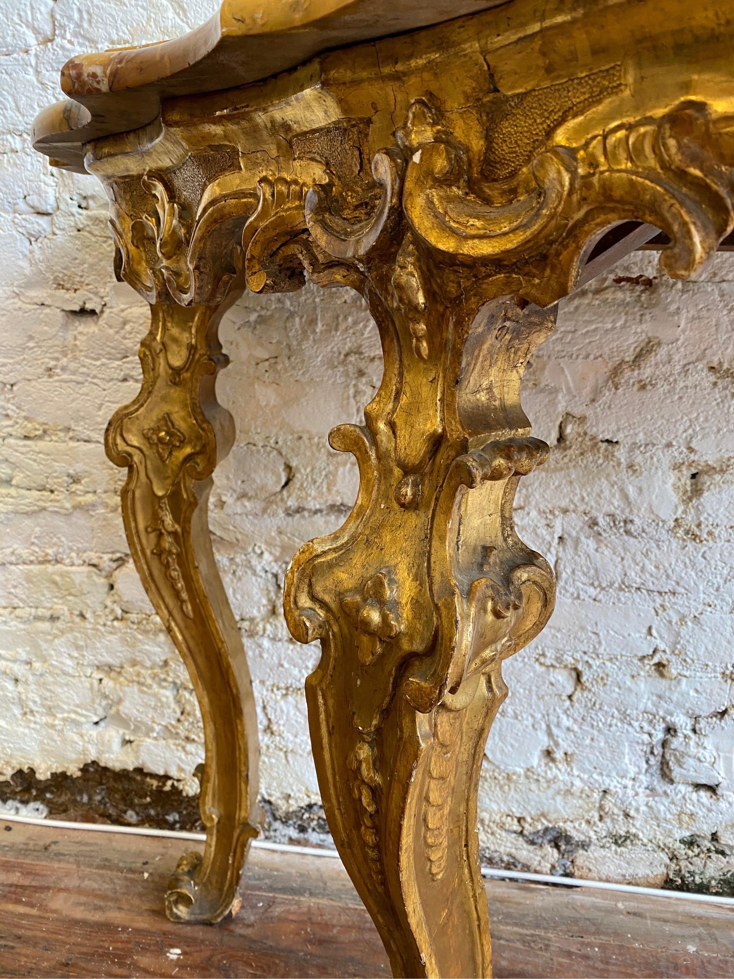 Early 18th Century Italian Rococo Giltwood Console with Siena Marble Top For Sale 3