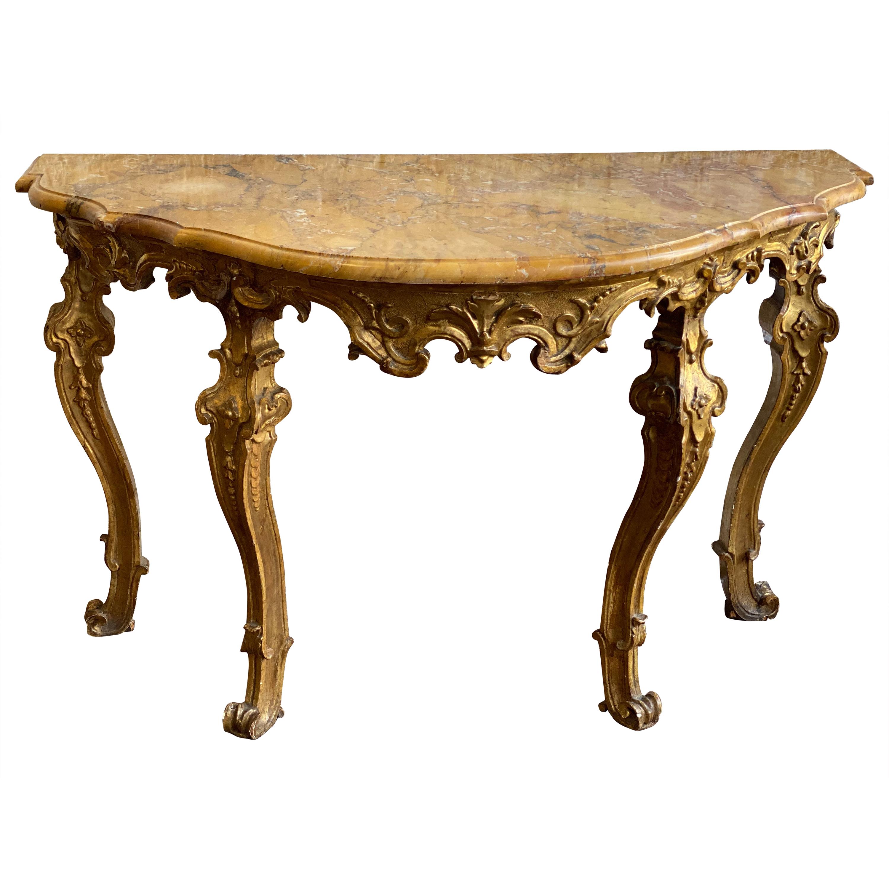 Console en bois doré rococo italien du début du 18e siècle avec plateau en marbre de Sienne