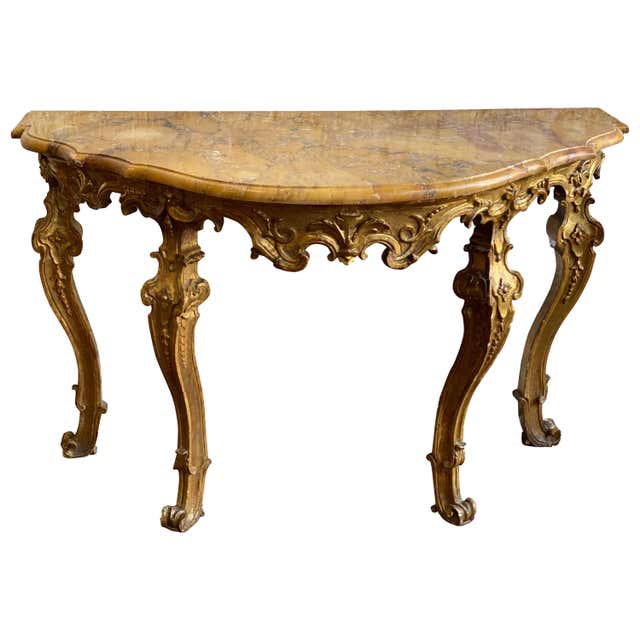 High Console Rococo Large Mid-18th Century Italian Rococo Giltwood Green Marble-Top Console ...