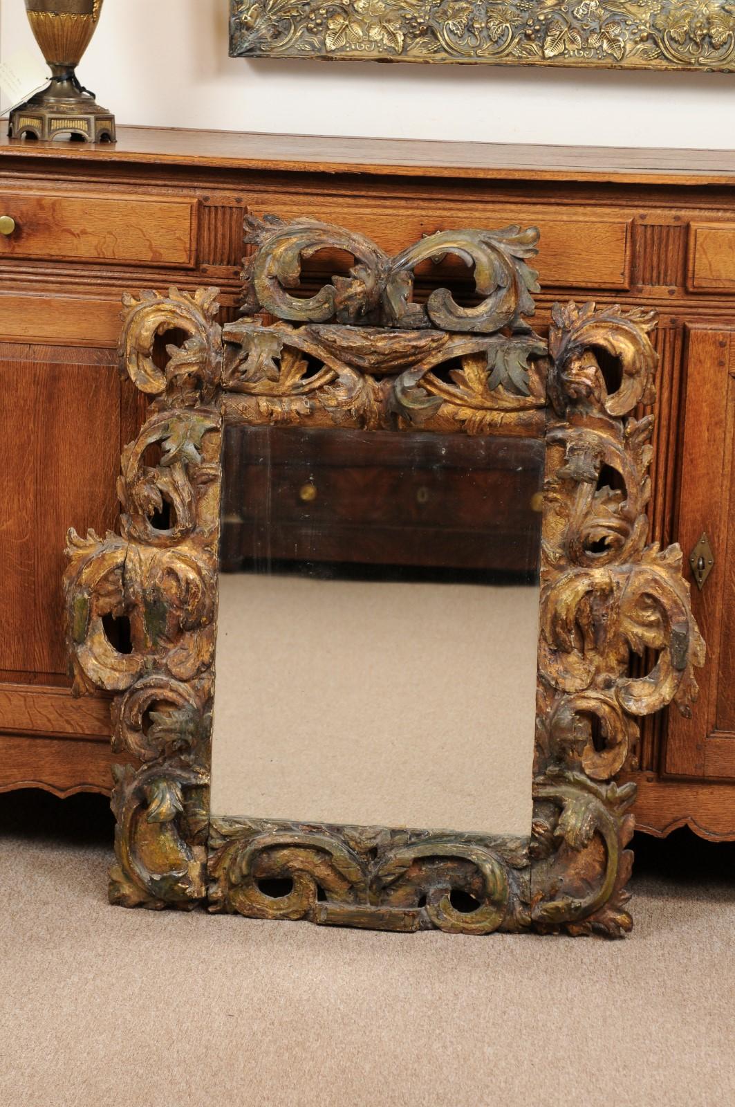 Rococo Period giltwood & green painted mirror with acanthus leaf design, Italy Early 18th Century.