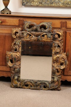Early 18th Century Italian Rococo Giltwood & Green Painted Mirror