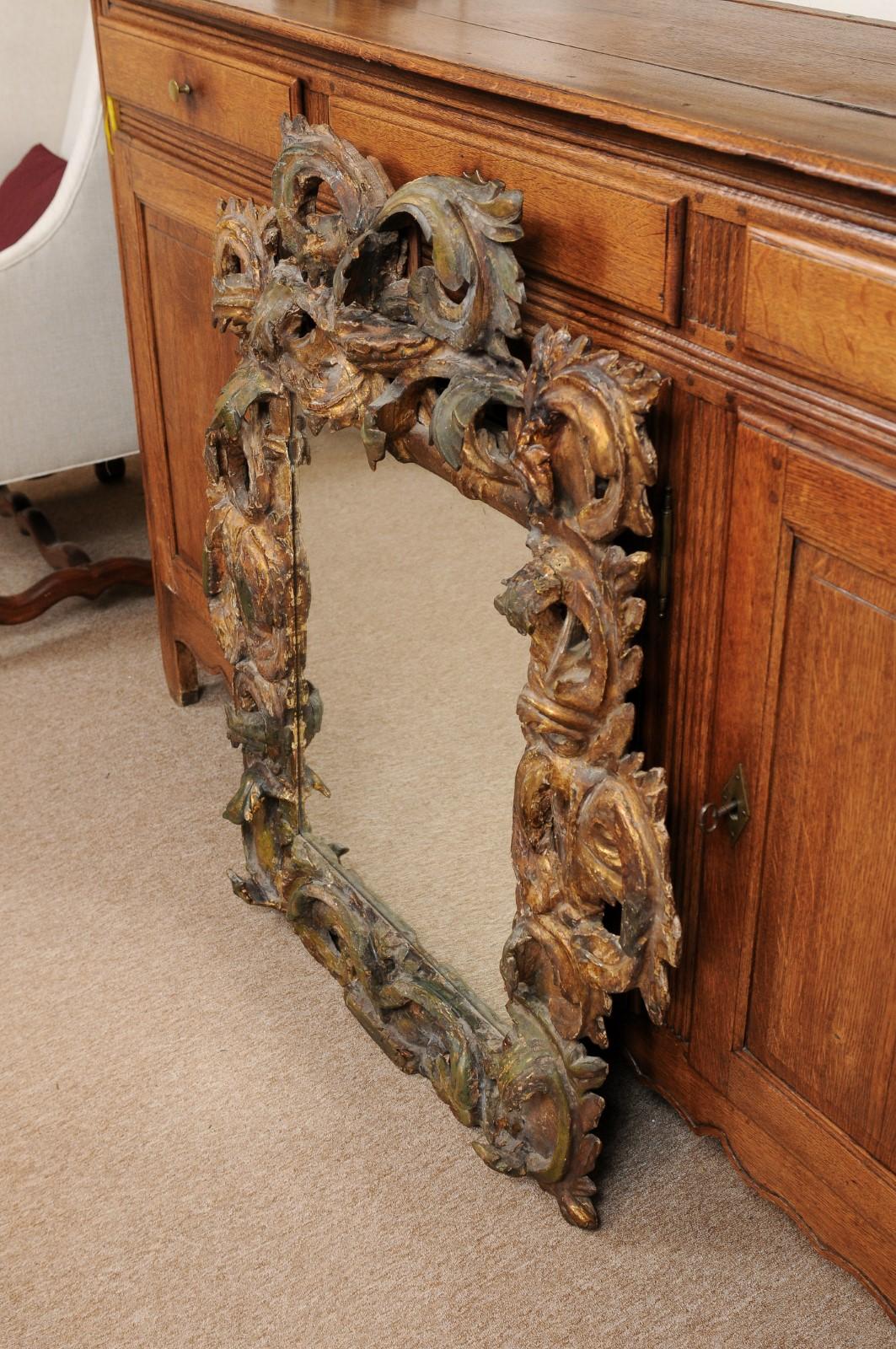 Early 18th Century Italian Rococo Giltwood & Green Painted Mirror For Sale 5