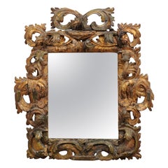 Early 18th Century Italian Rococo Giltwood & Green Painted Mirror
