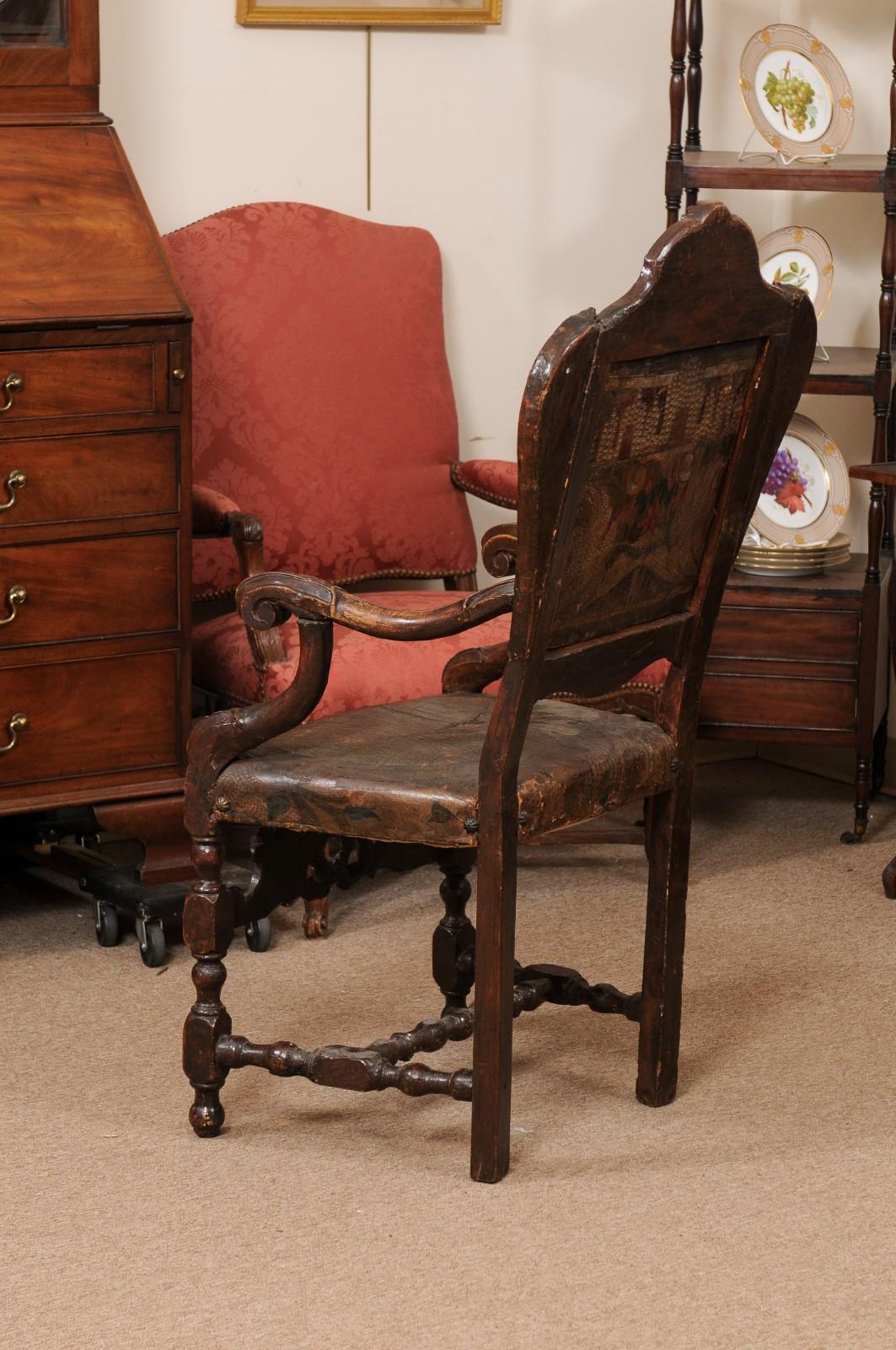 Early 18th Century Italian Venetian Walnut Armchair with Embossed Leather Upholstery