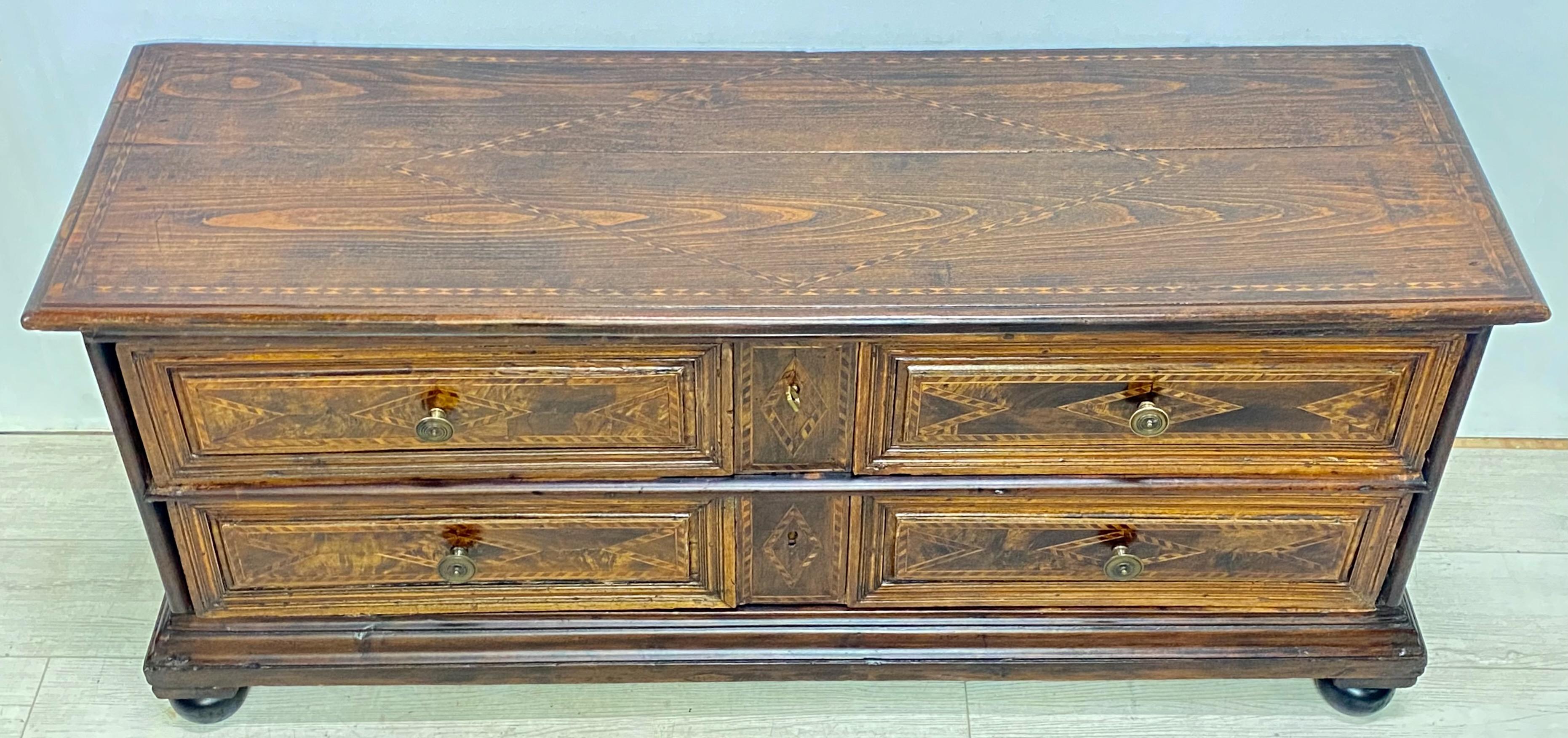 Inlay Early 18th Century Italian Walnut Low Two Drawer Chest / Bench For Sale
