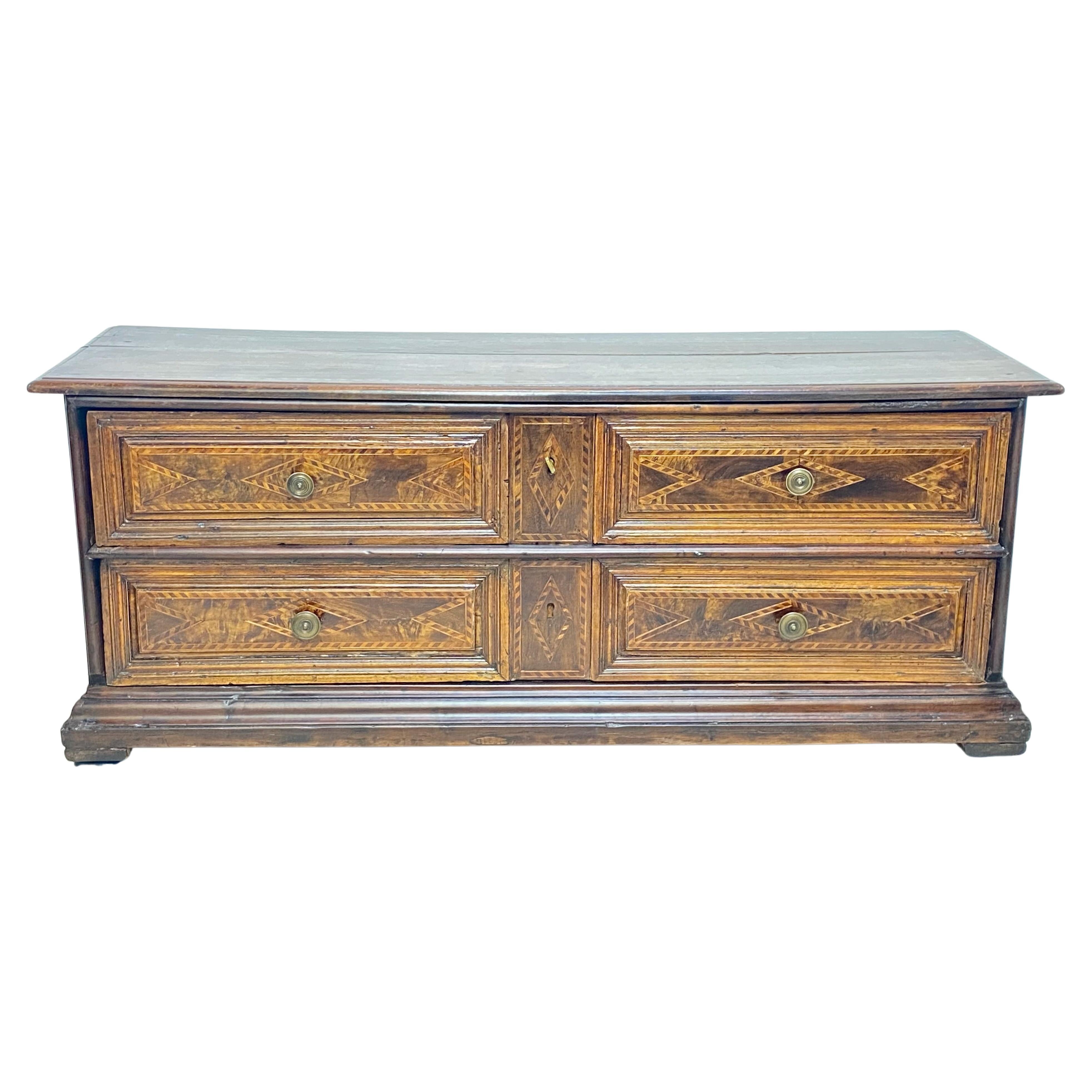 Early 18th Century Italian Walnut Low Two Drawer Chest / Bench For Sale