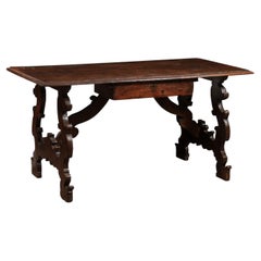 Early 18th Century Italian Walnut Writing Table with Lyre Shaped Legs