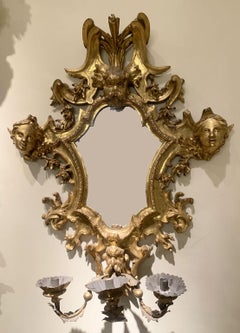 Early 18th Century Italy Pair of Engraved Gilded Wall Mirrors 3 Candles Holder