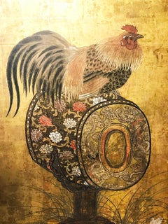 Early 18th Century, Japanese Folding Screen with Cock on Drum, Edo Period