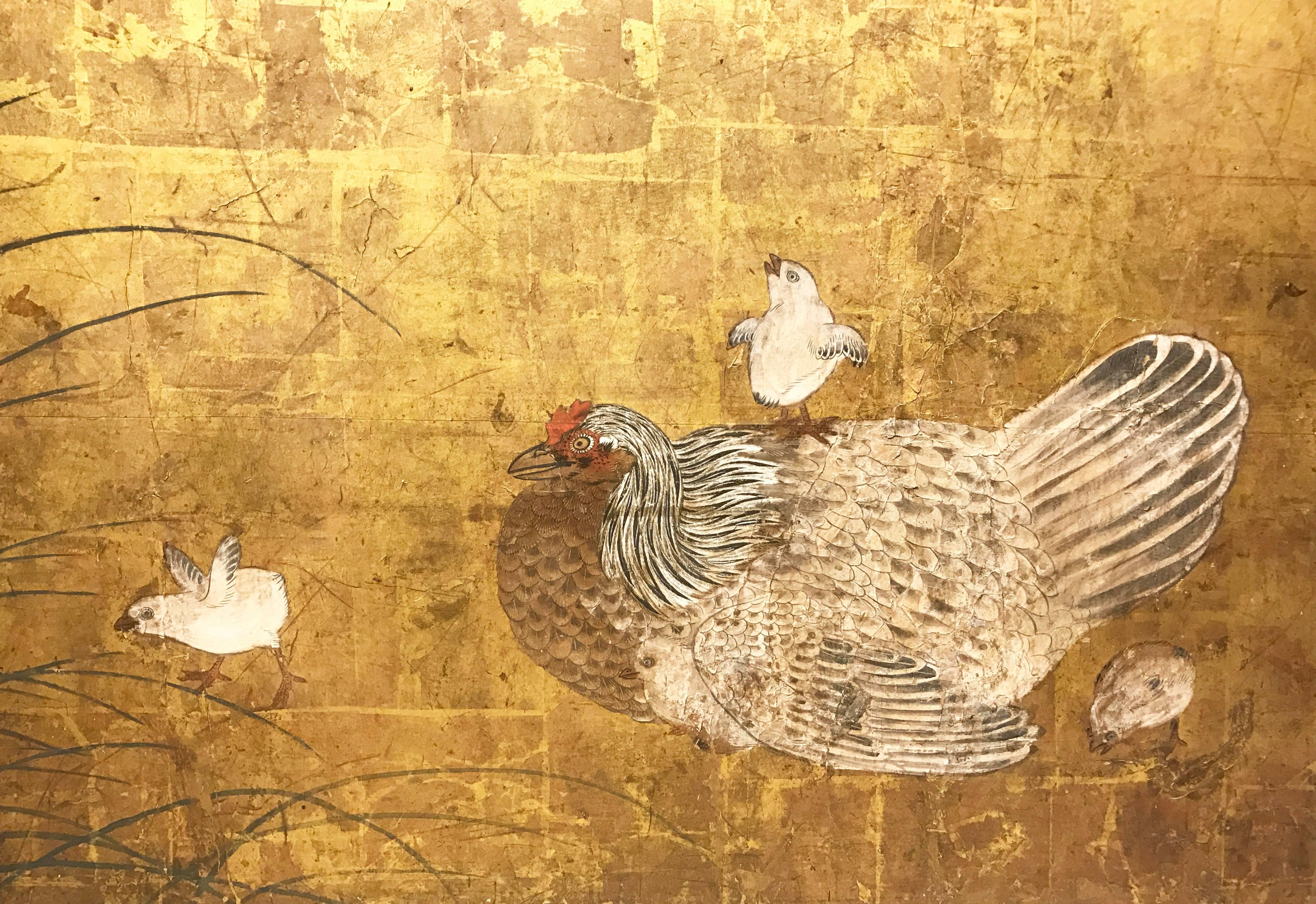 Early 18th Century, Japanese Folding Screen with Cock on Drum, Edo Period In Good Condition For Sale In Central Hong-Kong, HK