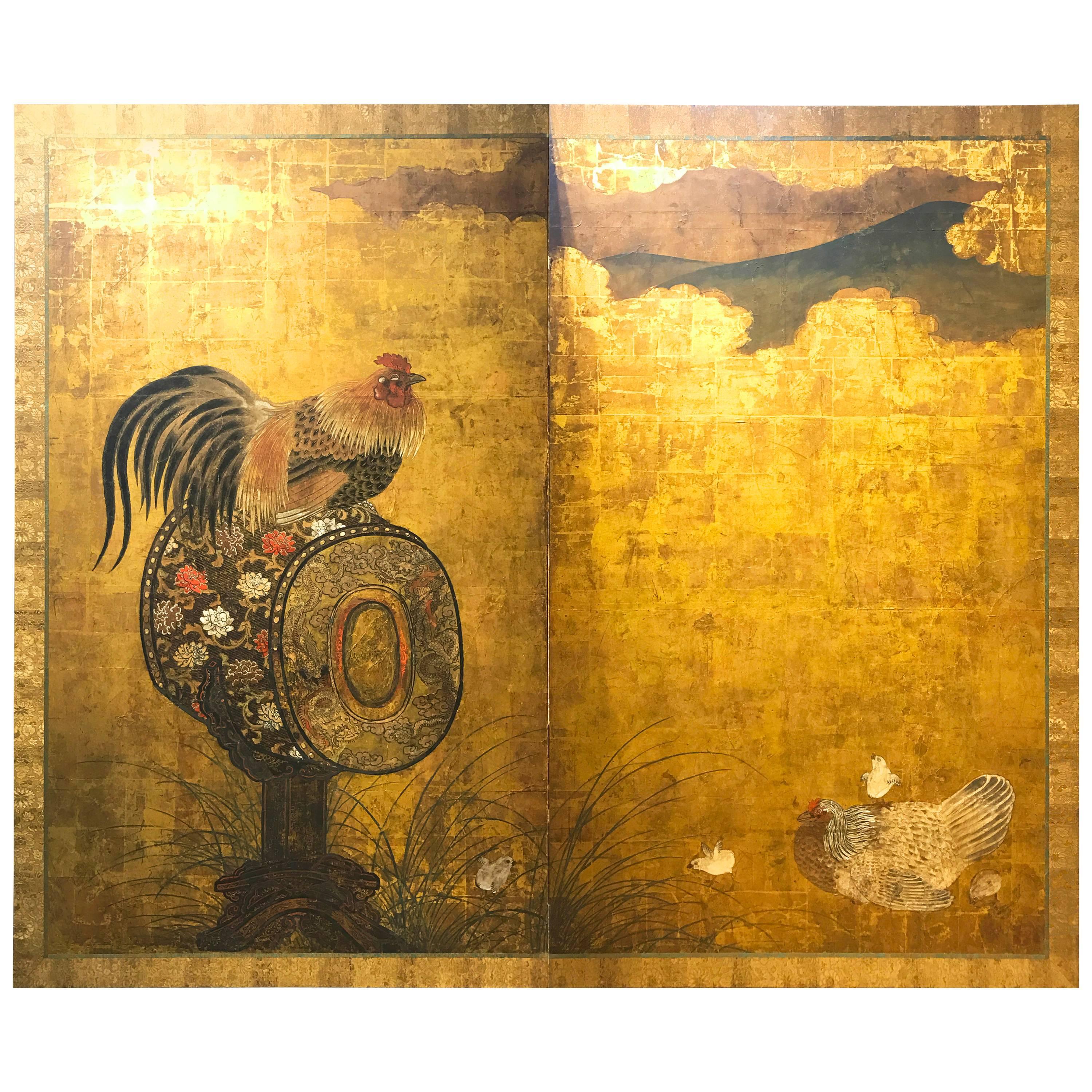 Early 18th Century, Japanese Folding Screen with Cock on Drum, Edo Period For Sale