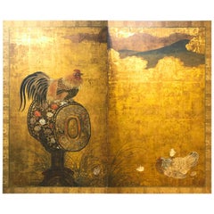 Antique Early 18th Century, Japanese Folding Screen with Cock on Drum, Edo Period