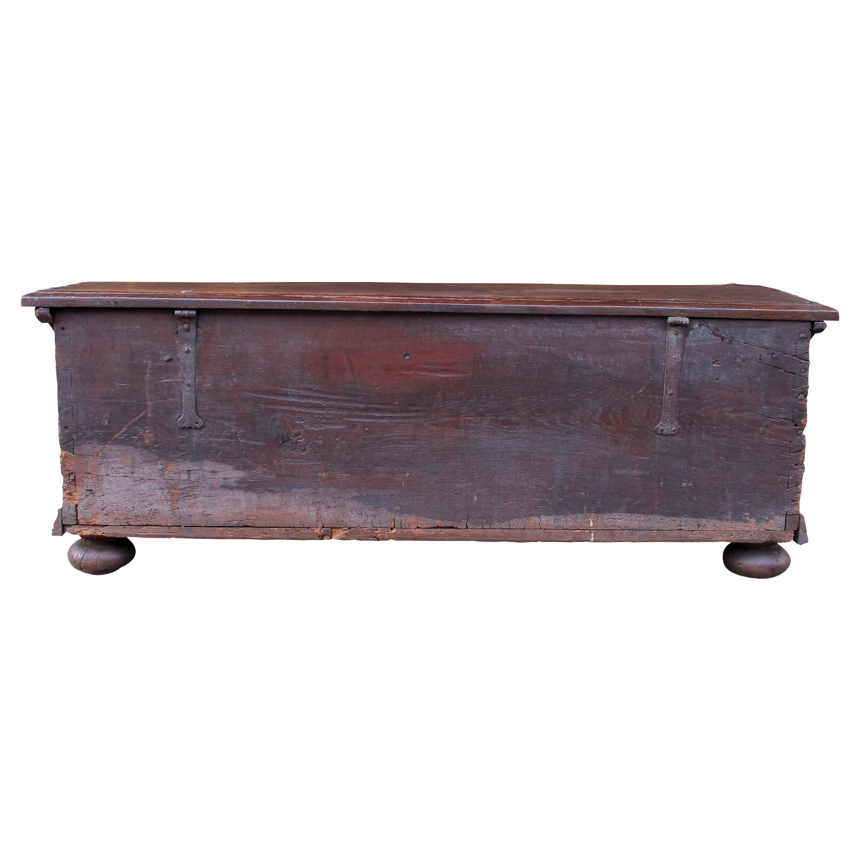 Late 18th Century Early 18th Century Large Marriage Oak Trunk With a Vaulted Lid and Carvings For Sale