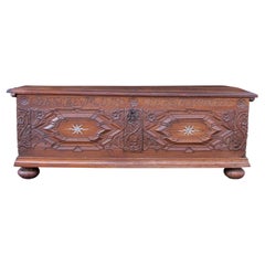Early 18th Century Large Marriage Oak Trunk With a Vaulted Lid and Carvings