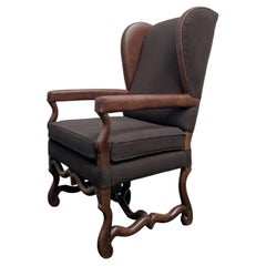 Antique Early 18th Century Leather and Linnen French Wingchair