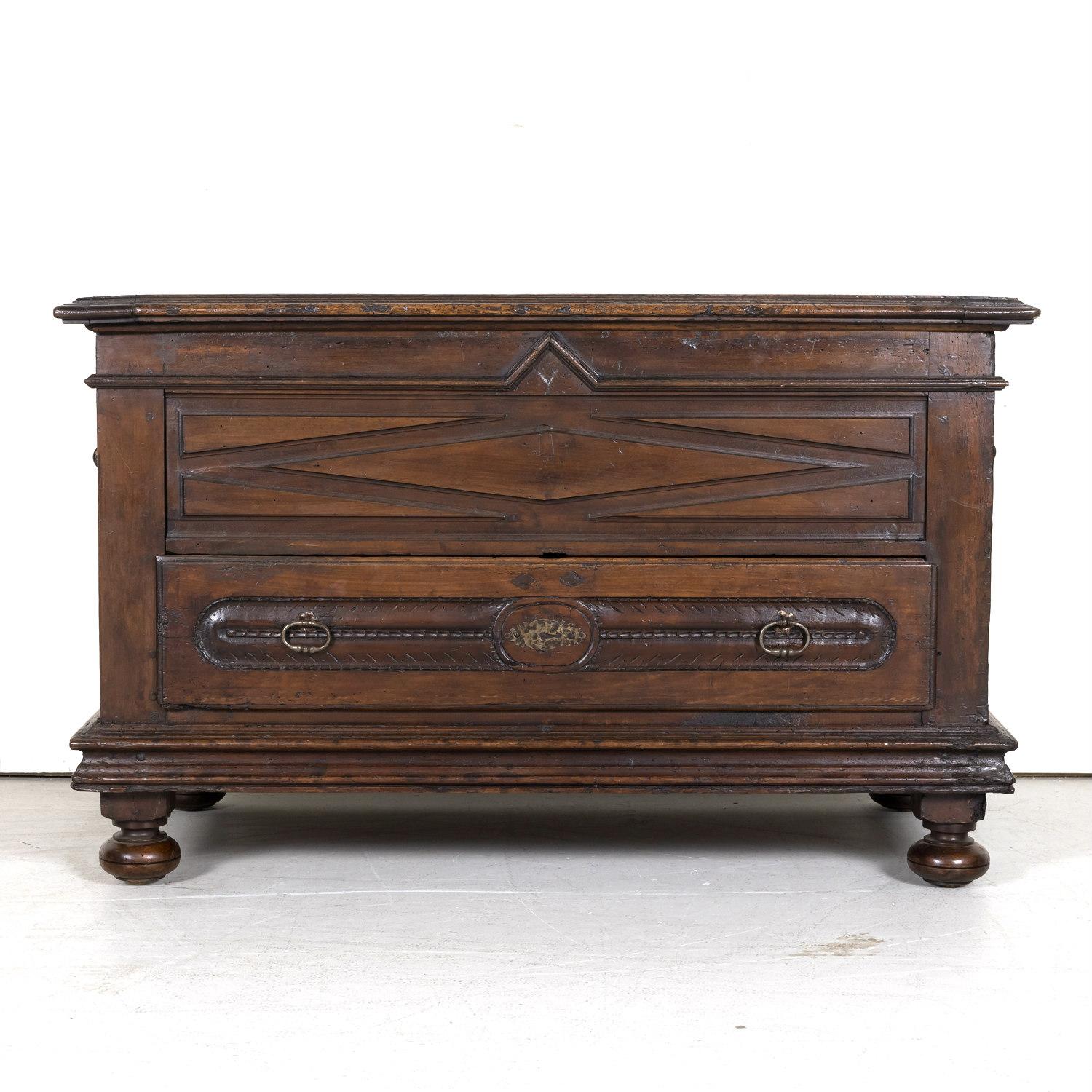 French Early 18th Century Louis XIII Style Solid Walnut Coffer or Trunk with Drawer