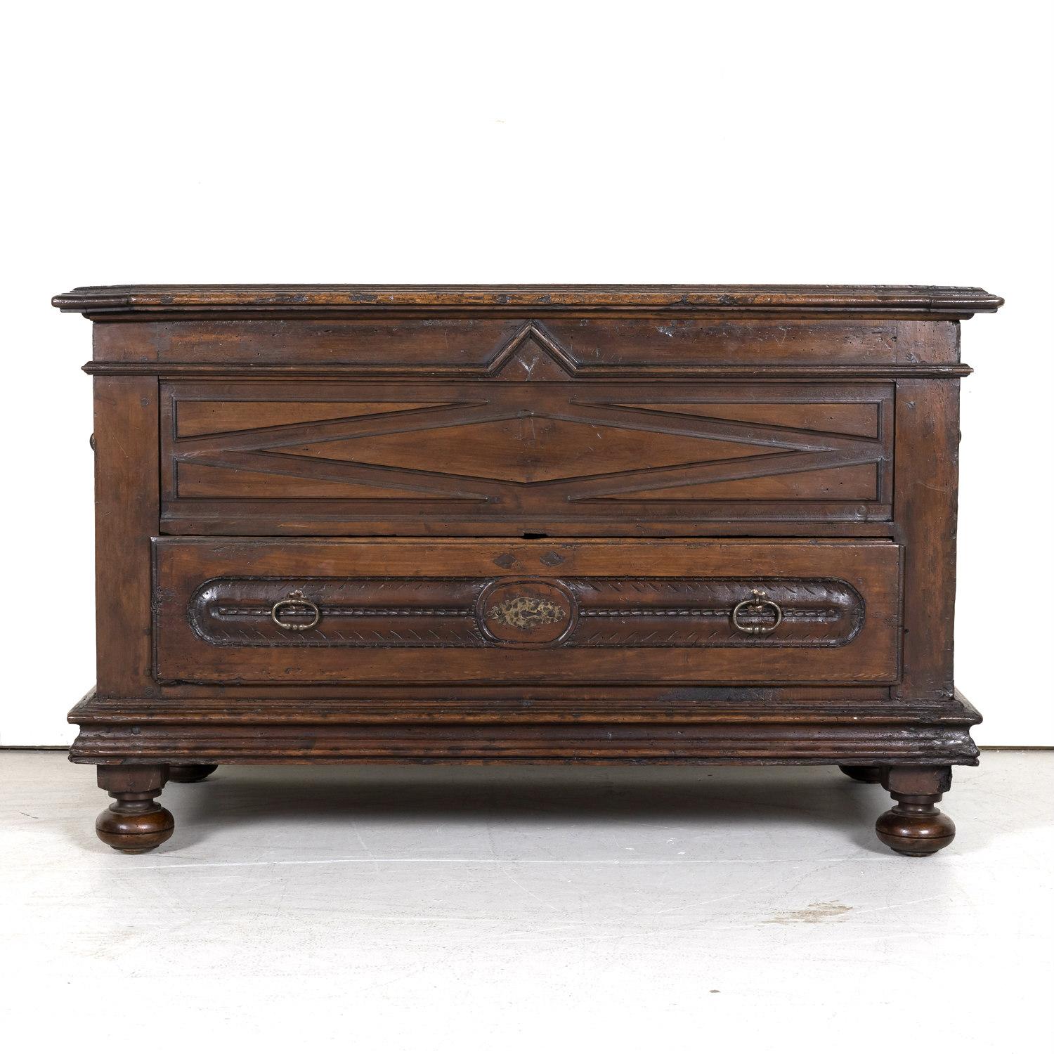 French Early 18th Century Louis XIII Style Solid Walnut Coffer or Trunk with Drawer For Sale