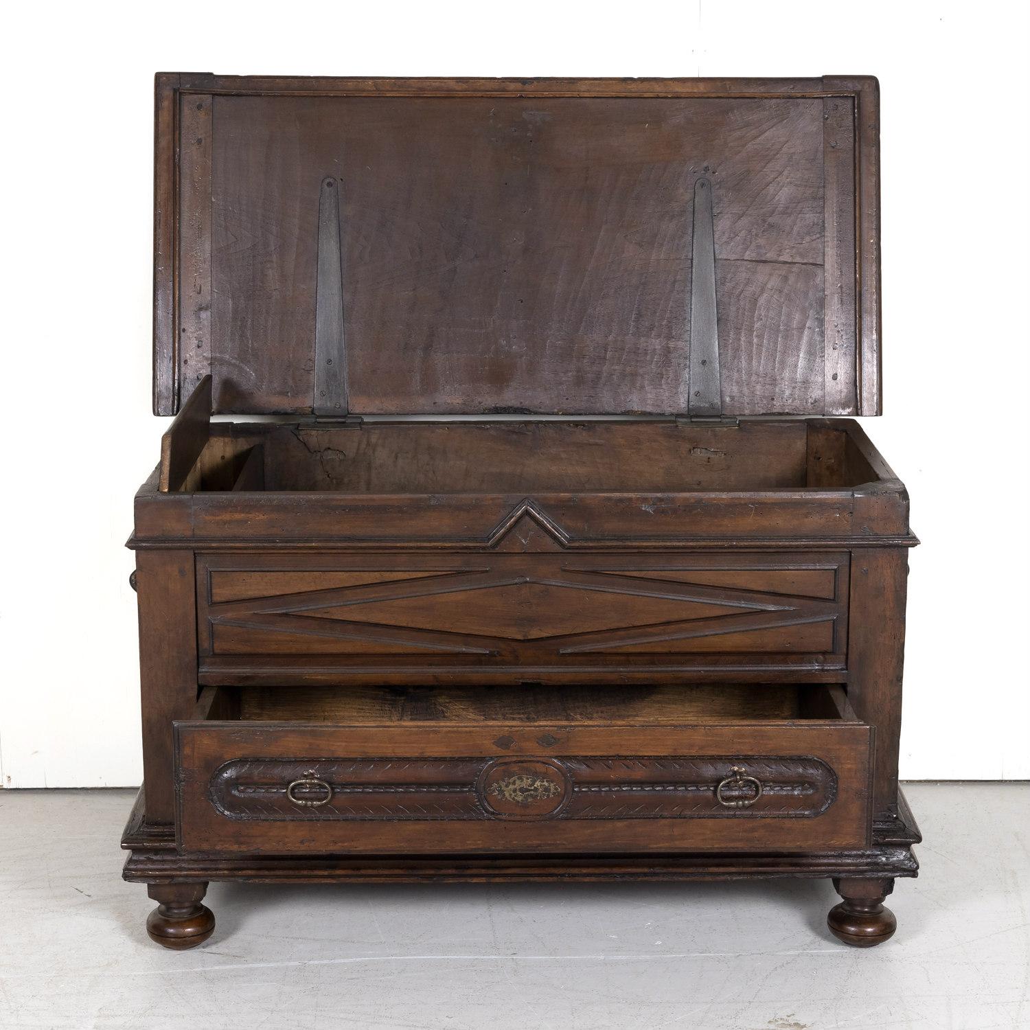Early 18th Century Louis XIII Style Solid Walnut Coffer or Trunk with Drawer For Sale 1