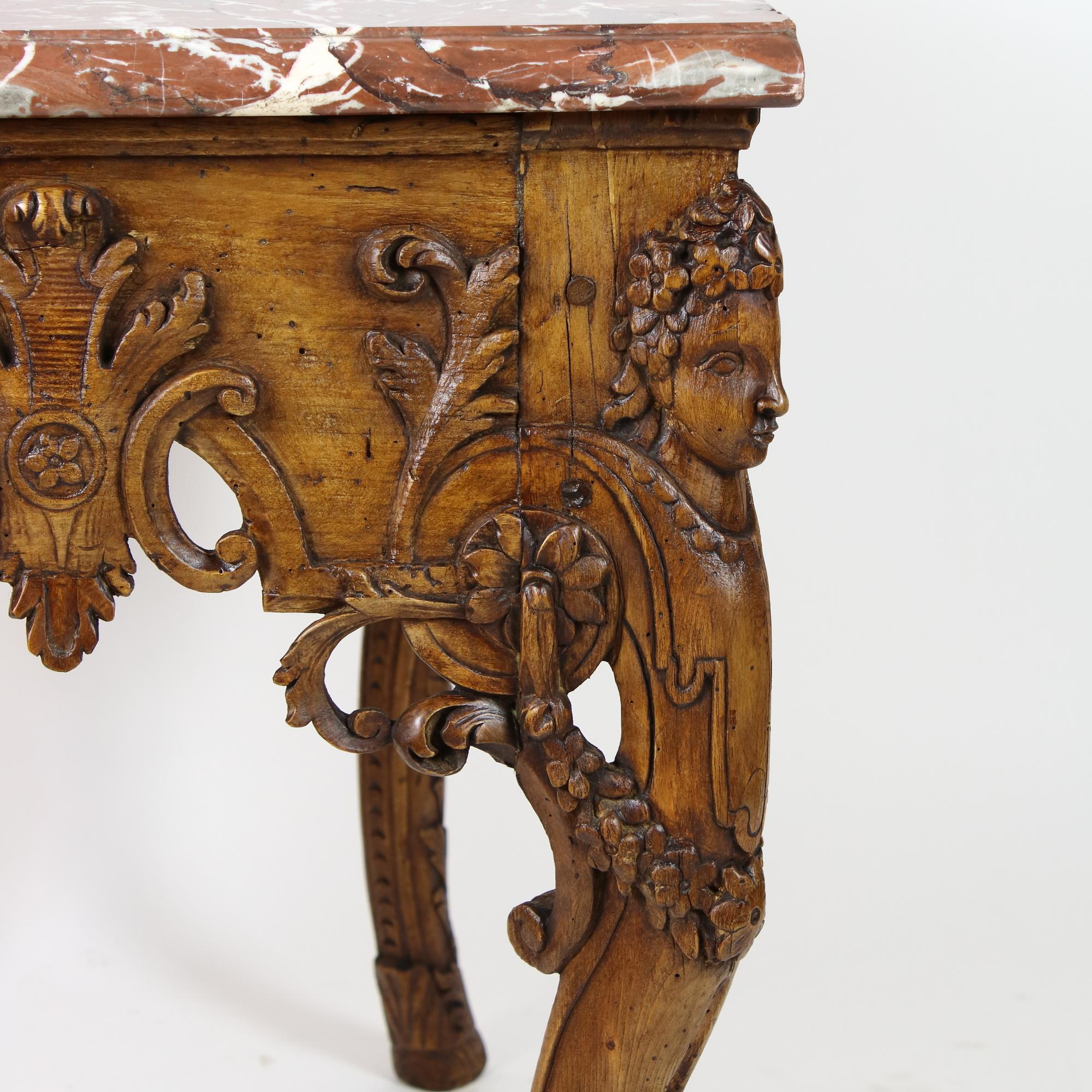 French Early 18th Century Louis XIV figural Carved Wood Console Table or 