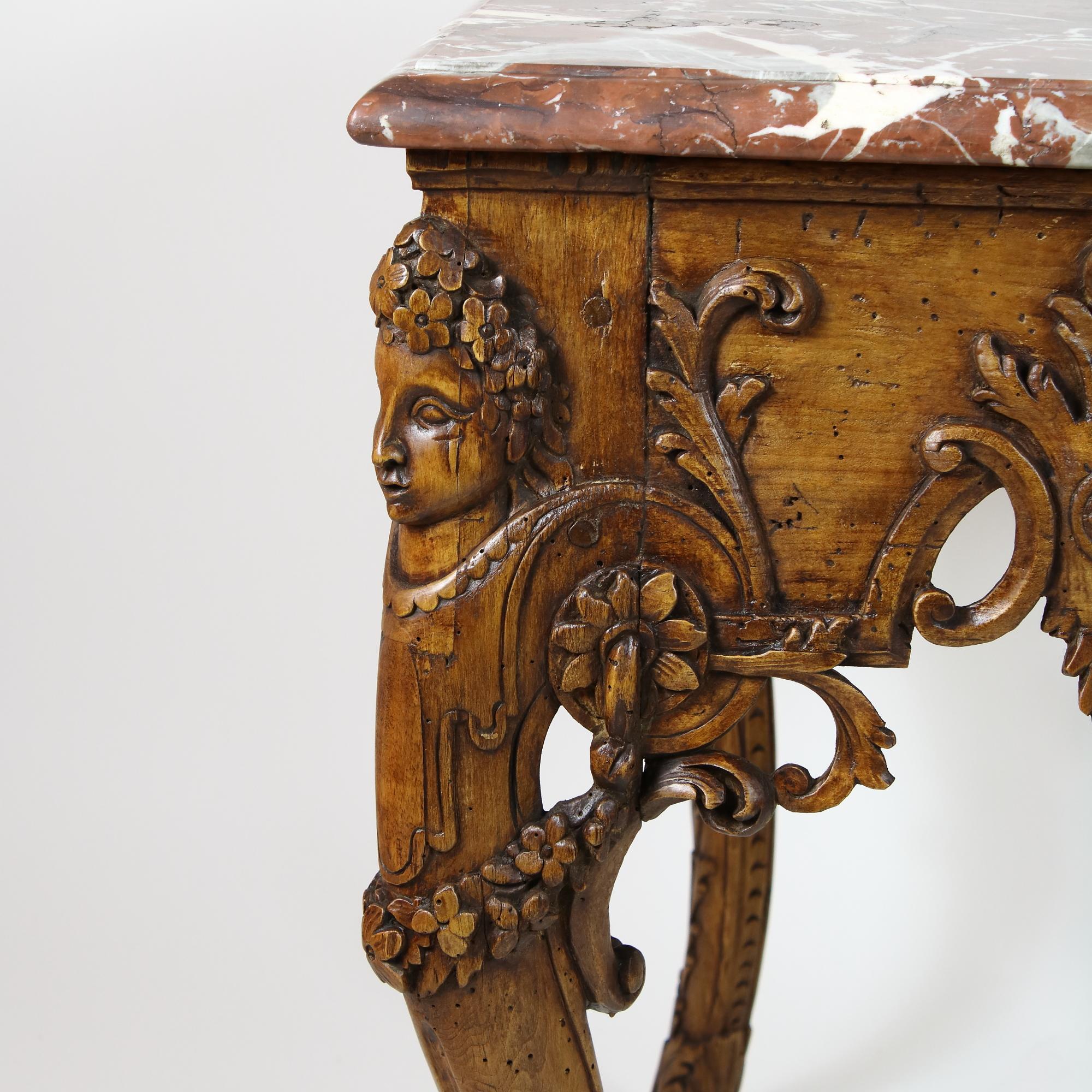 Marble Early 18th Century Louis XIV figural Carved Wood Console Table or 
