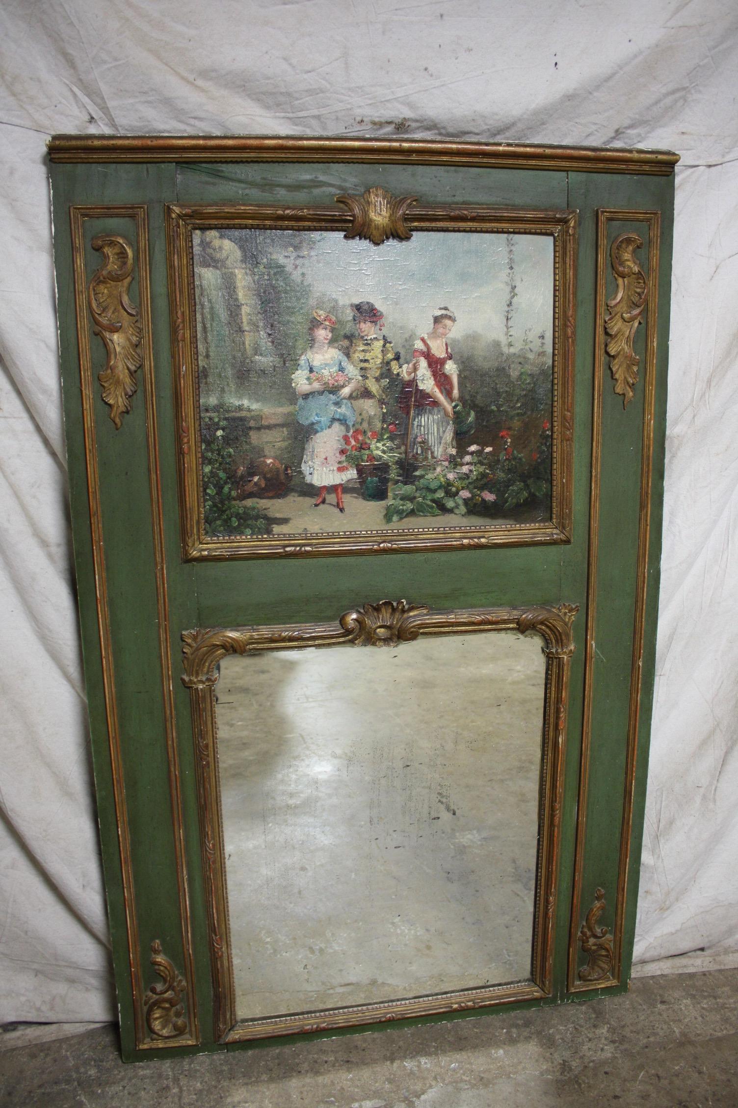 This is a Period of the King Louis XV, very colorful and a deep green paint on the frame, those kind of trumeau are originally situate above a marble mantel.