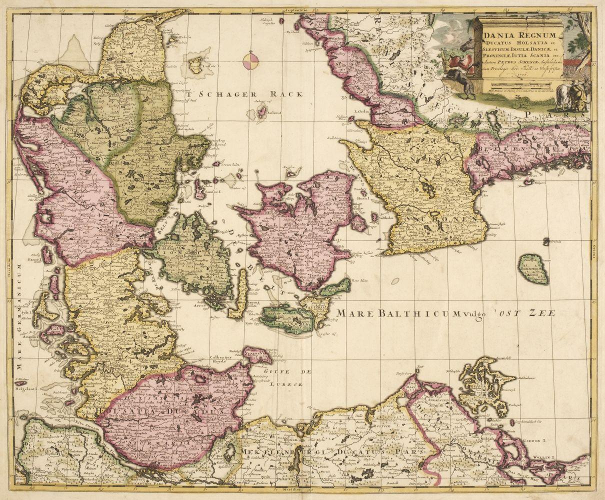 Dänemark. Schenk (Petrus), Dania Regnum Ducatus Holsatia. et Slesvicum Insulae Danicae et Provinciae Jutia Scania etc. Amsterdam, 1706, gestochene netzartige Karte auf dickem Papier mit zeitgenössischem Handkolorit, 490 x 590 mm. 

 