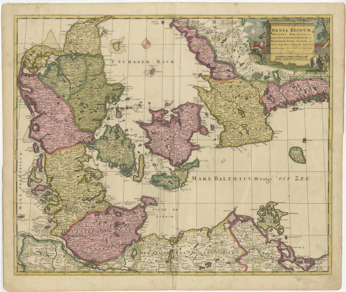 Early 18th Century Map of Denmark in Old Coloring, Published in 1706