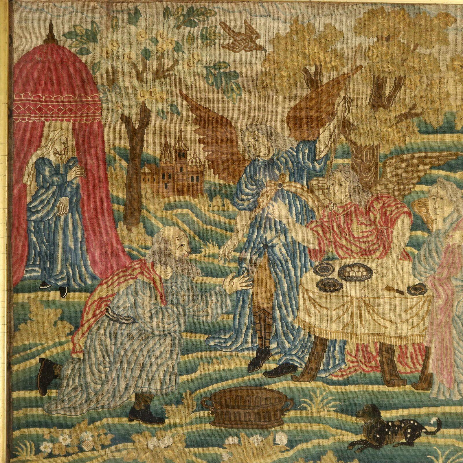 Immagine di ricamo in seta antica dell'inizio del XVIII secolo. Il ricamo è lavorato in seta su fondo di lino, a punto tenda o a punto piccolo. Colori rosa, blu, crema, oro, verde e marrone. La scena pittorica raffigura la scena biblica di Abramo e