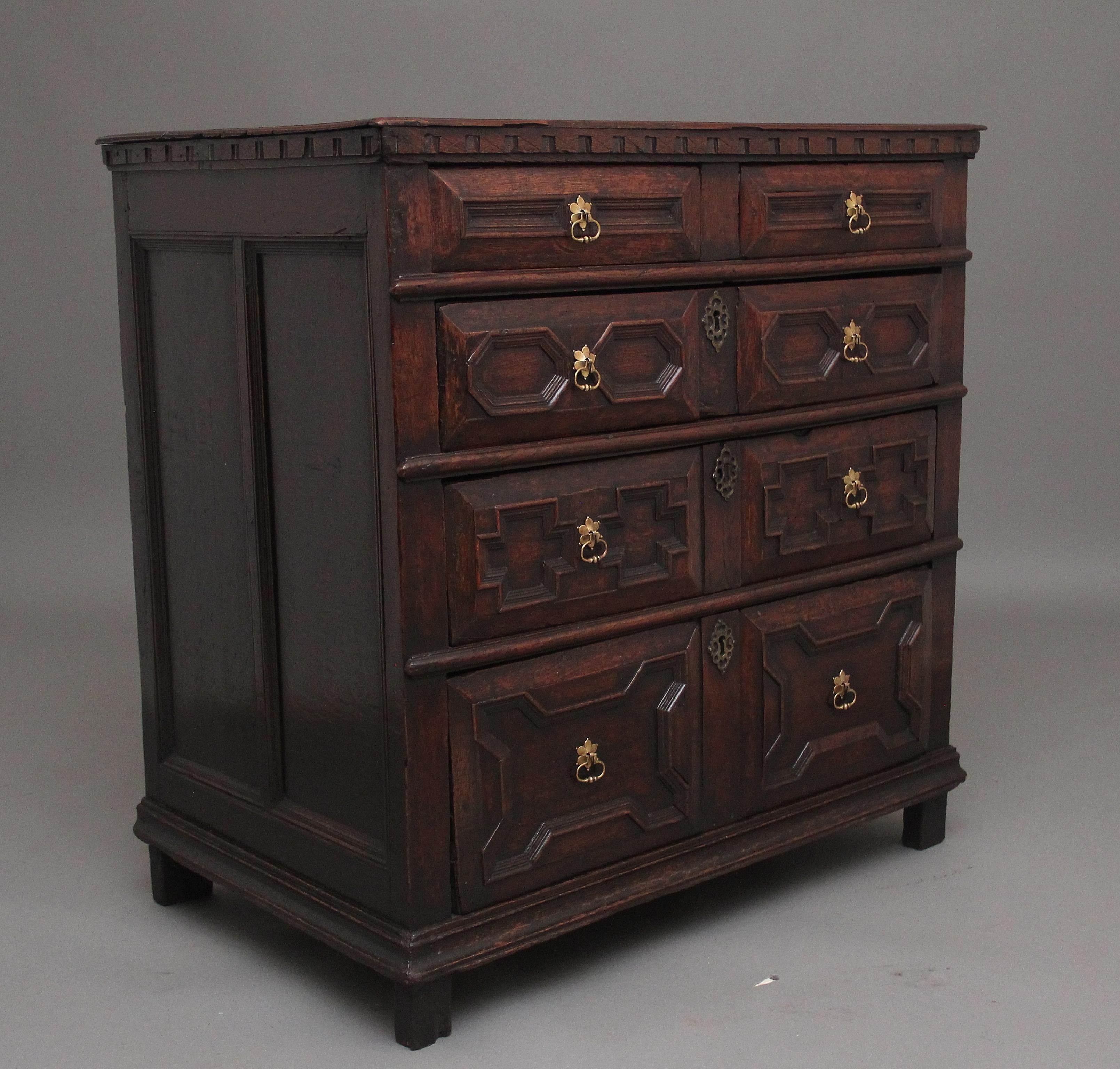 British Early 18th Century Oak Moulded Front Chest of Drawers from the Stuart Period For Sale