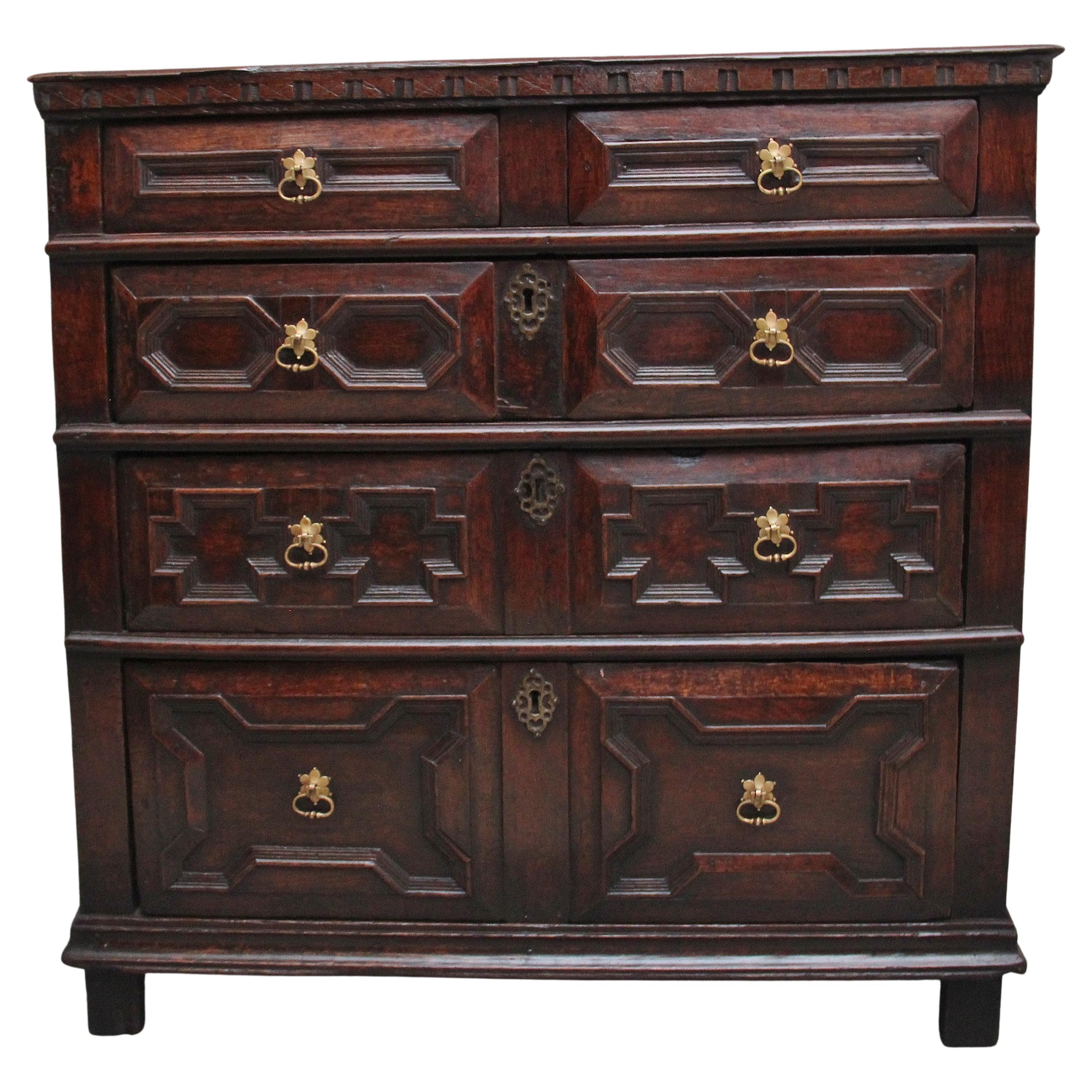 Early 18th Century Oak Moulded Front Chest of Drawers from the Stuart Period For Sale