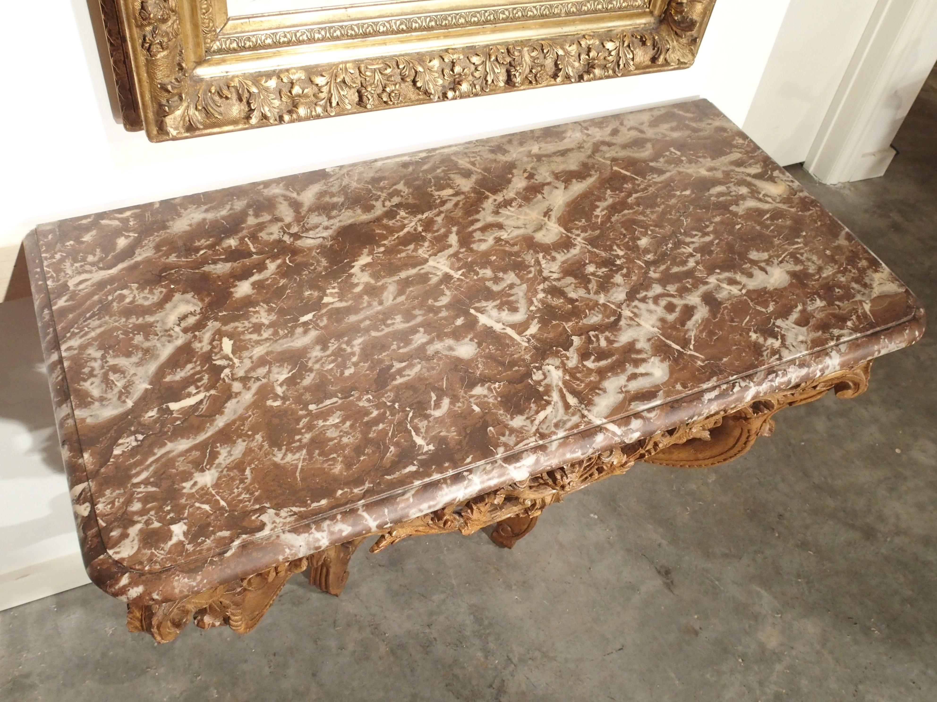 Early 18th Century Oak Regence Console with Rouge Marble Top For Sale 4