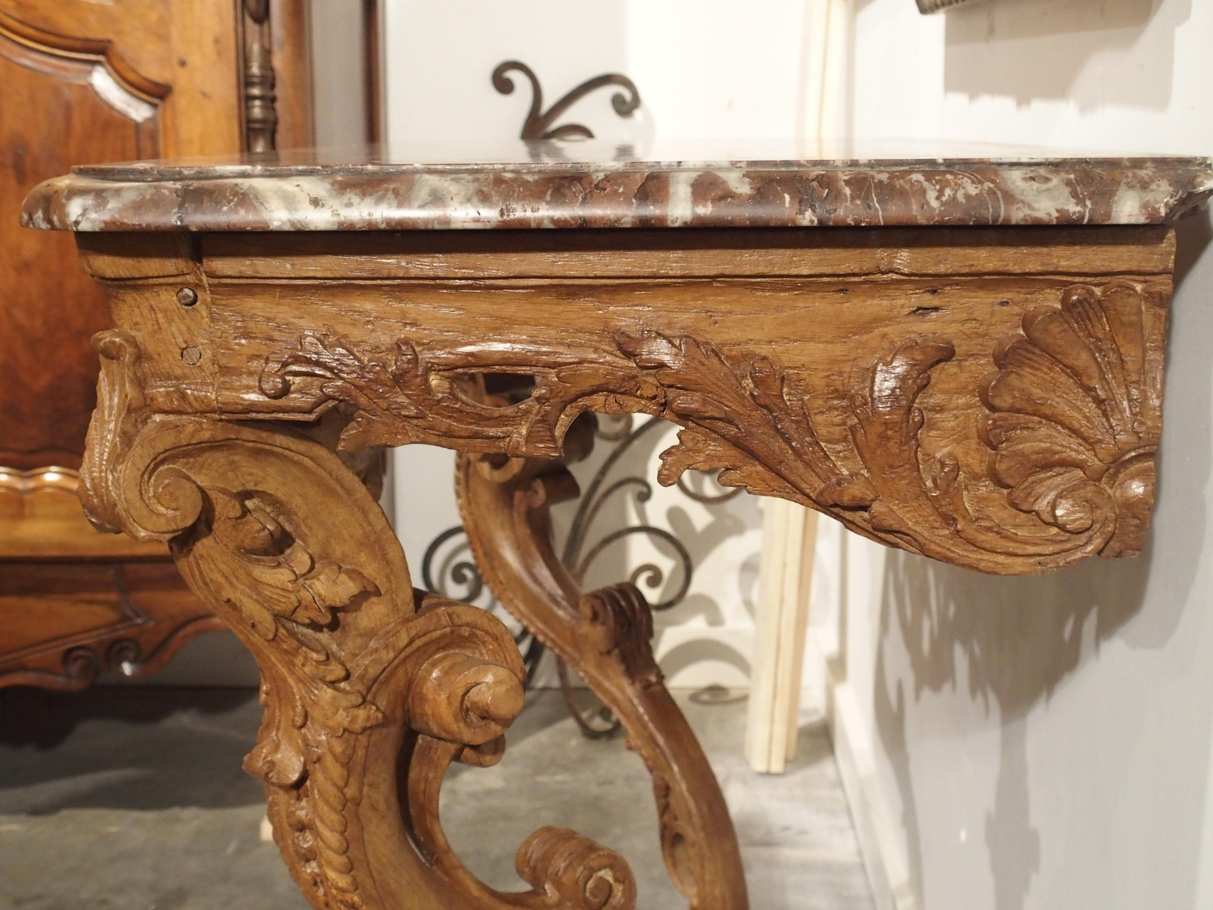 Early 18th Century Oak Regence Console with Rouge Marble Top For Sale 6