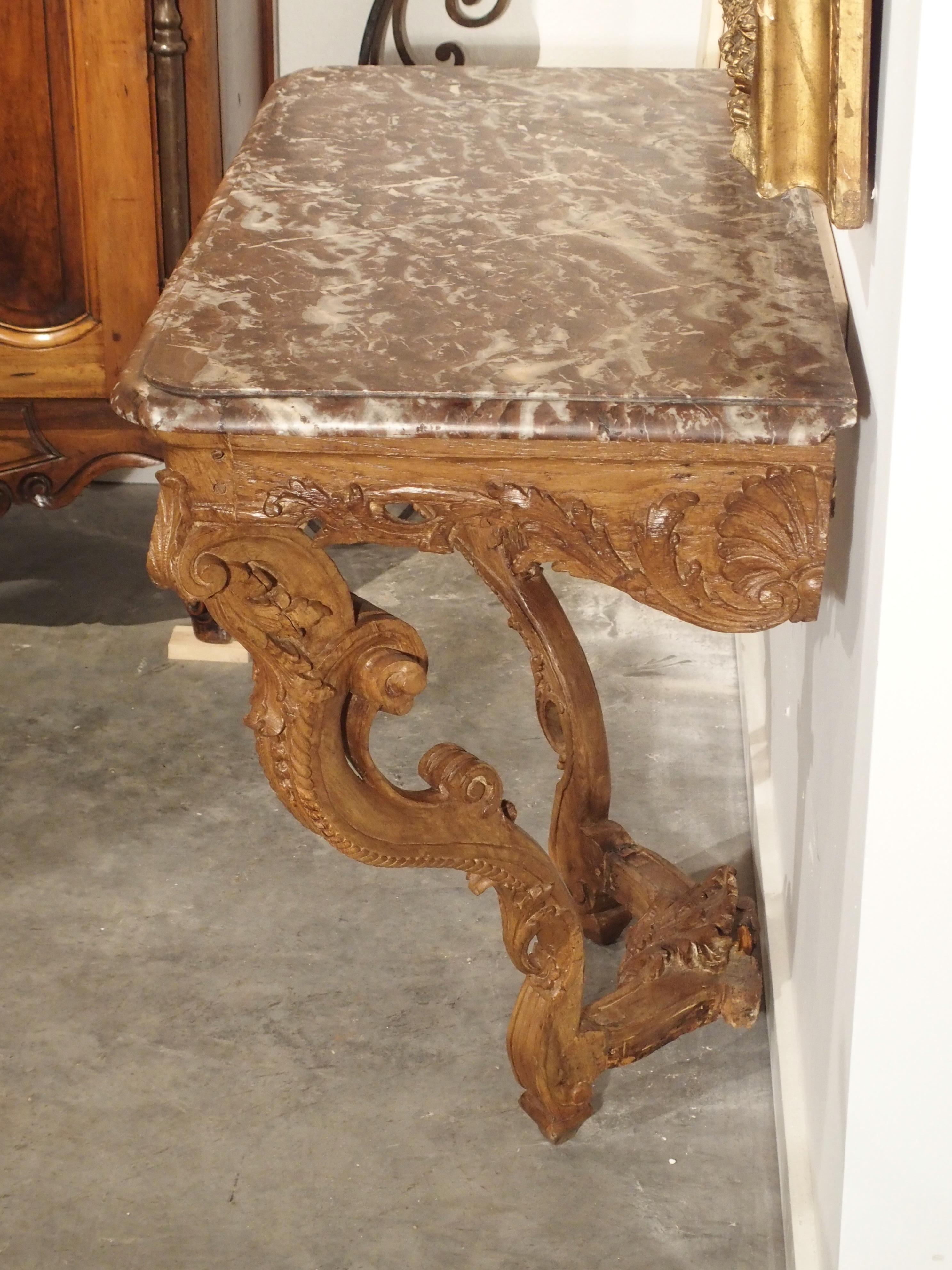 Early 18th Century Oak Regence Console with Rouge Marble Top For Sale 8